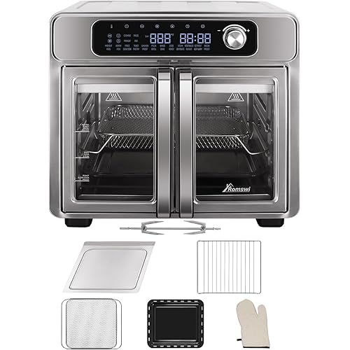 Extra Large French Door Air Fryer Toaster Oven Combo, 24 Cooking Functions and Digital Controls, 6 Accessories Included, Stainless Steel Finish, 26QT Capacity, Fits 12" Pizza, Rotisserie 6lb Chicken