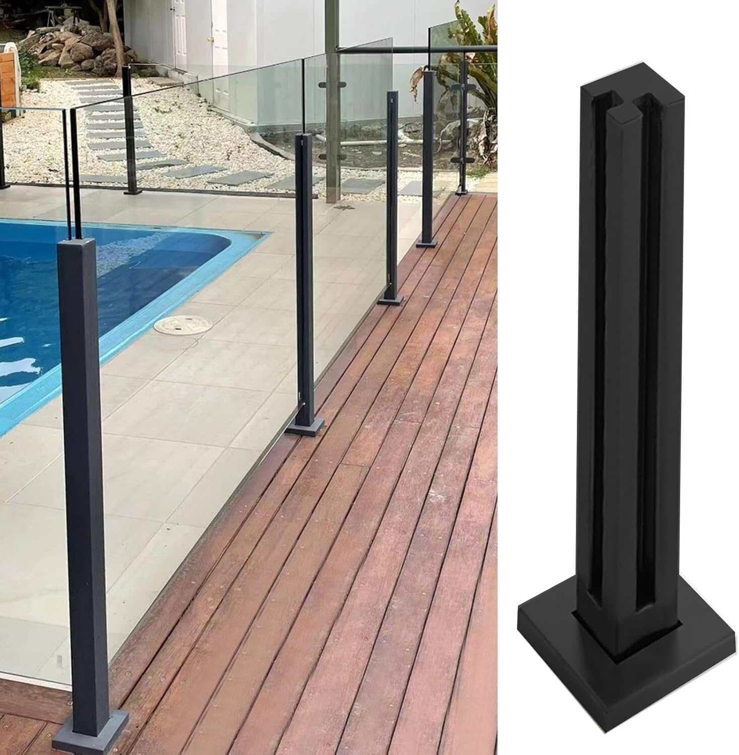 Glaszaun-Befestigungsstange, quadratisch, Glasgeländerpfosten, Klemme, schwarz, Edelstahl-Glas-Balustradenpfosten für Pool, Balkon, Zaun (Endpfosten, 85 cm)