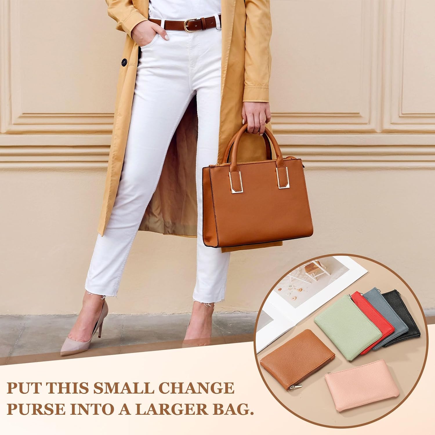 Full Grain Leather Coin Purse, Small Coin Purse with Zipper Portable Card Holder, 5in & Light Brown & PU Leather -Fitting for (Change Purse Credit Card Key Keychain Pouch Wallet) image 4