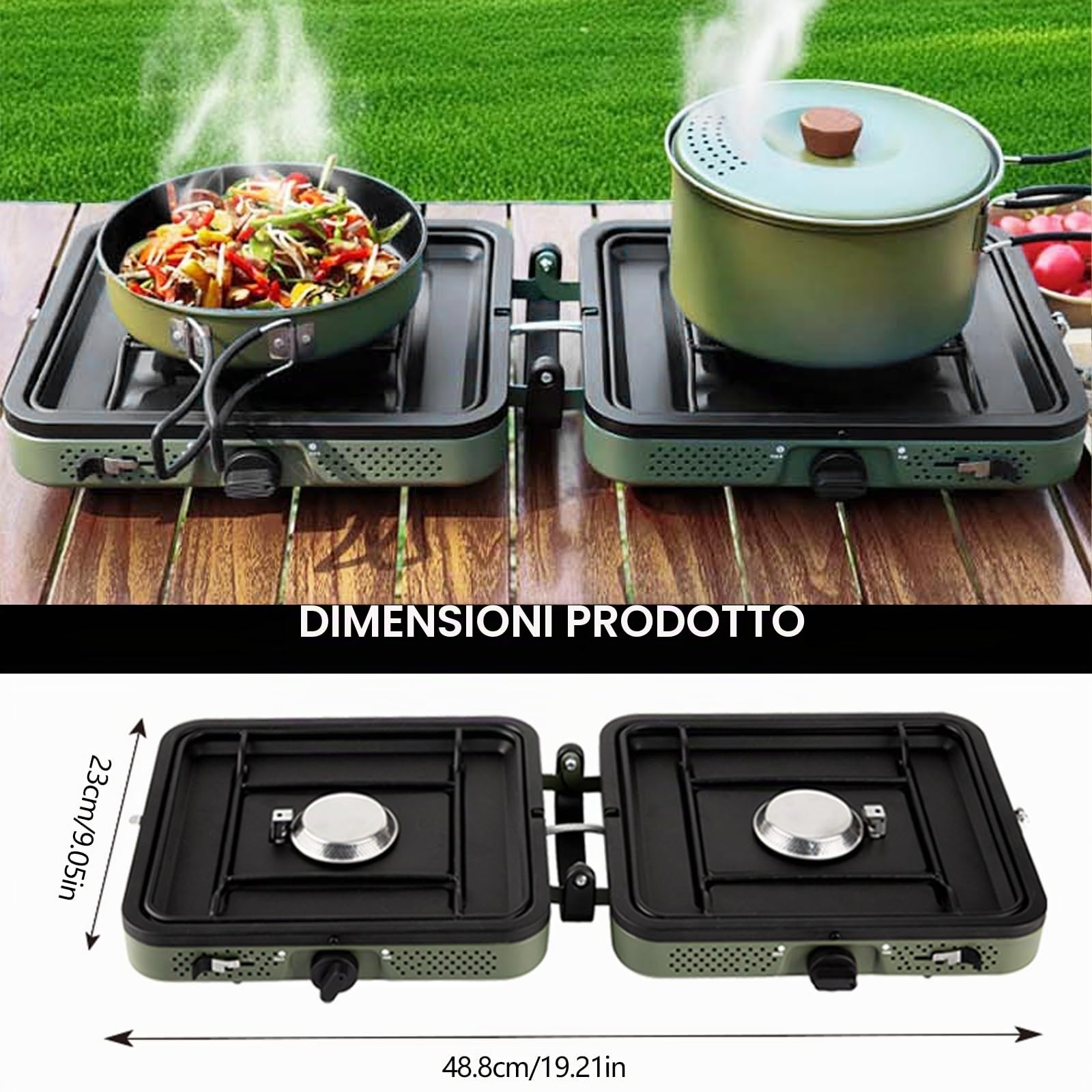 Fornello Campeggio, Fornello A Gas Campeggio 2 In 1 A 2 Fuochi 4400W Portatile Pieghevole Bruciatore Regolabile Con Piastra Grill E Maniglia Tubo Borsa Per Trasporto (Senza Serbatoio)