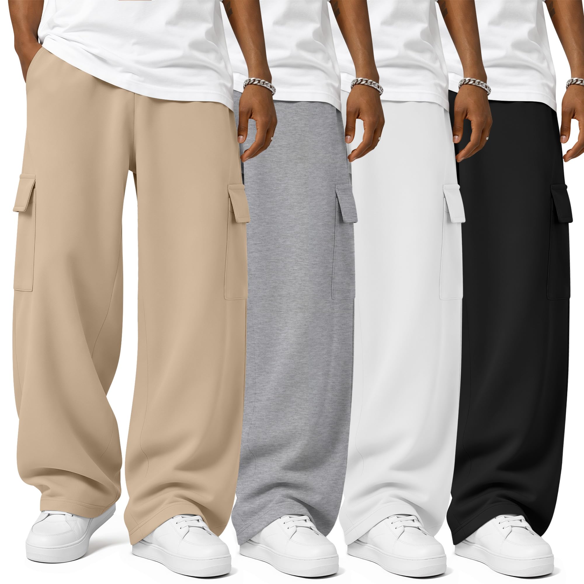 4 Pack Men's Cargo Baggy Sweatpants Open Bottom Pants