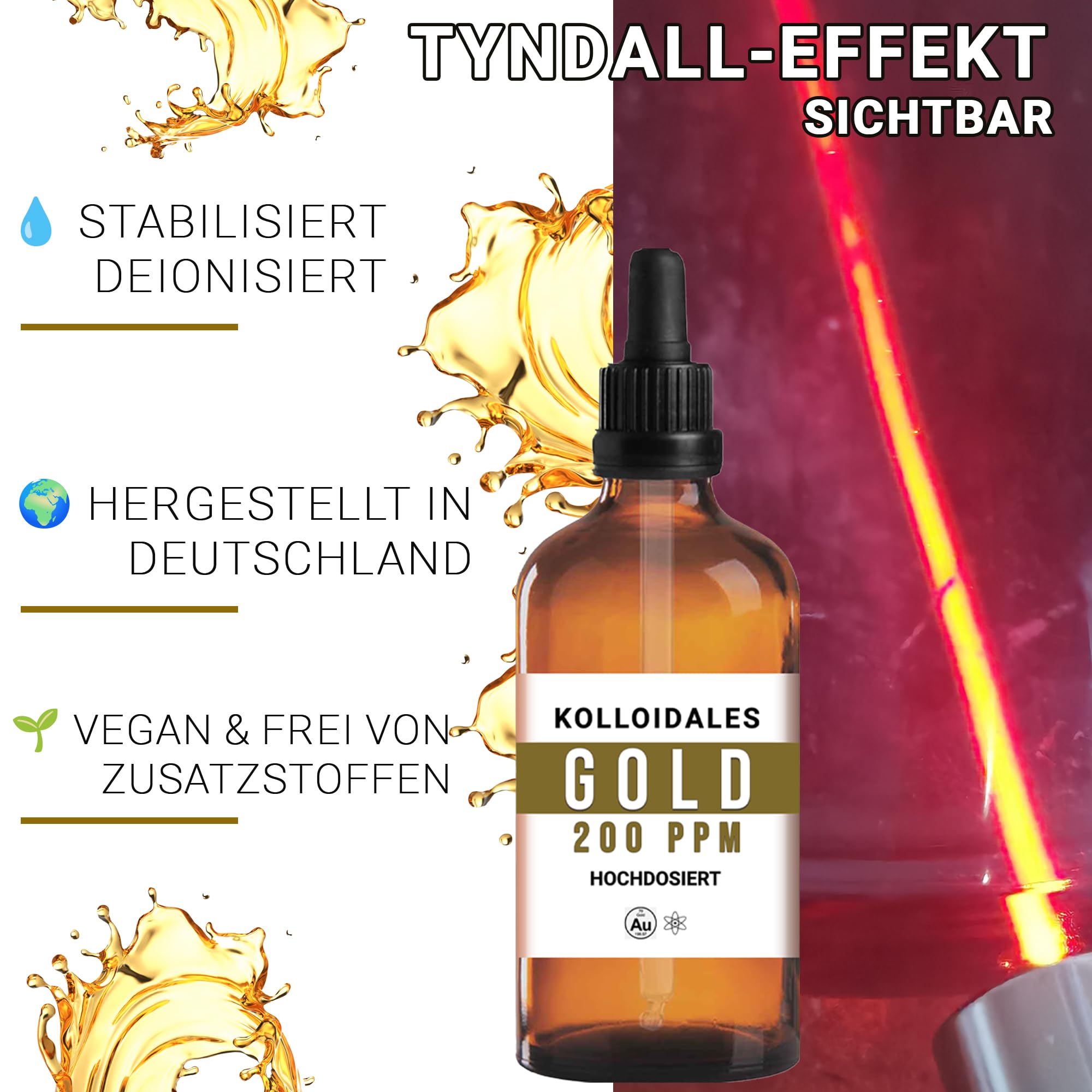 Oro coloidal de 200 ppm (100 ml) – Dispersión premium en vidrio marrón farmacéutico con pipeta de precisión – Tecnología de partículas finas, materiales certificados – Manna Colloidal Gold