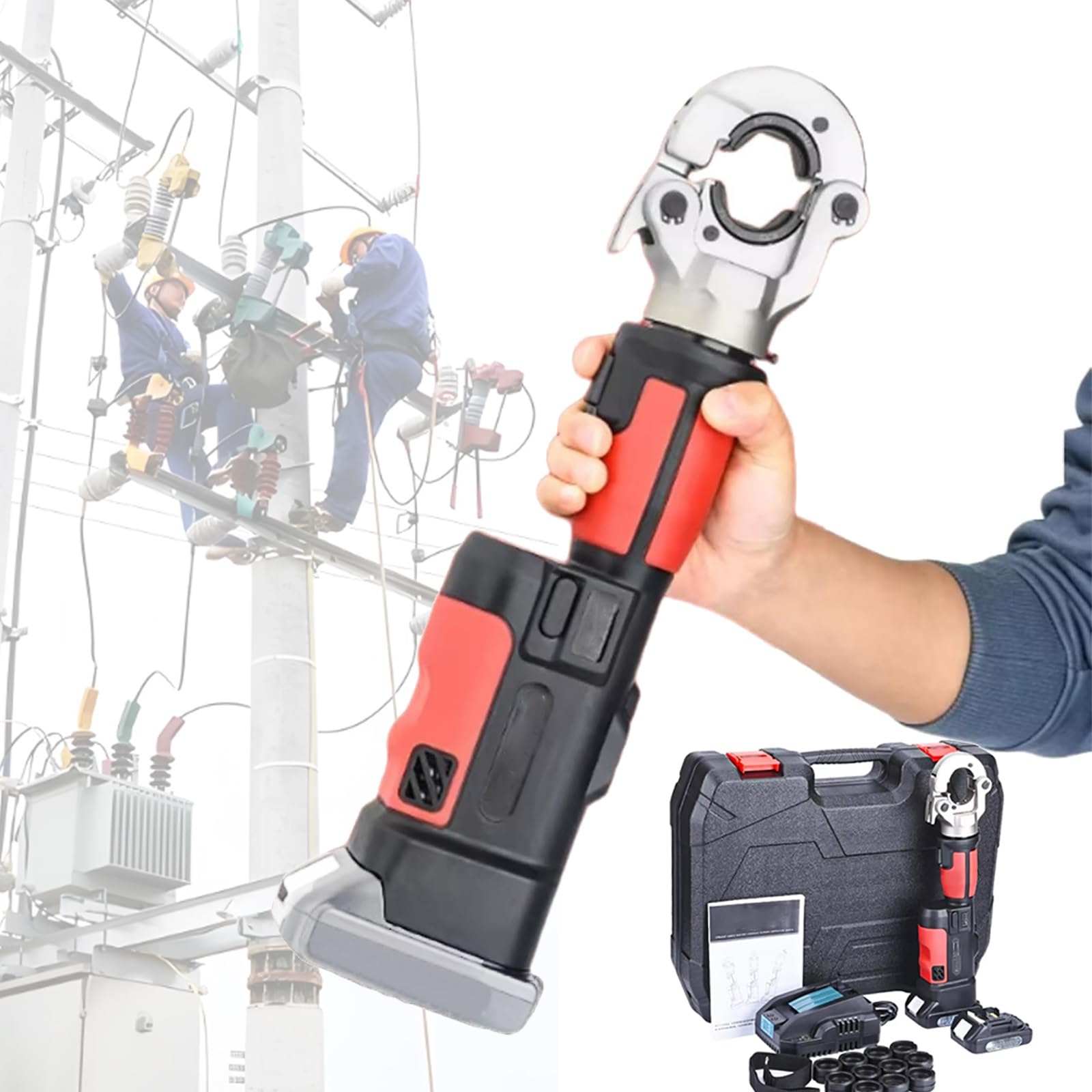 Electric Hydraulic Crimping Tool Kit, Cordless Cable Crimper with 12 Die Pairs & 2 Batteries, for 10-300mm2 Lugs & Wires (Red)