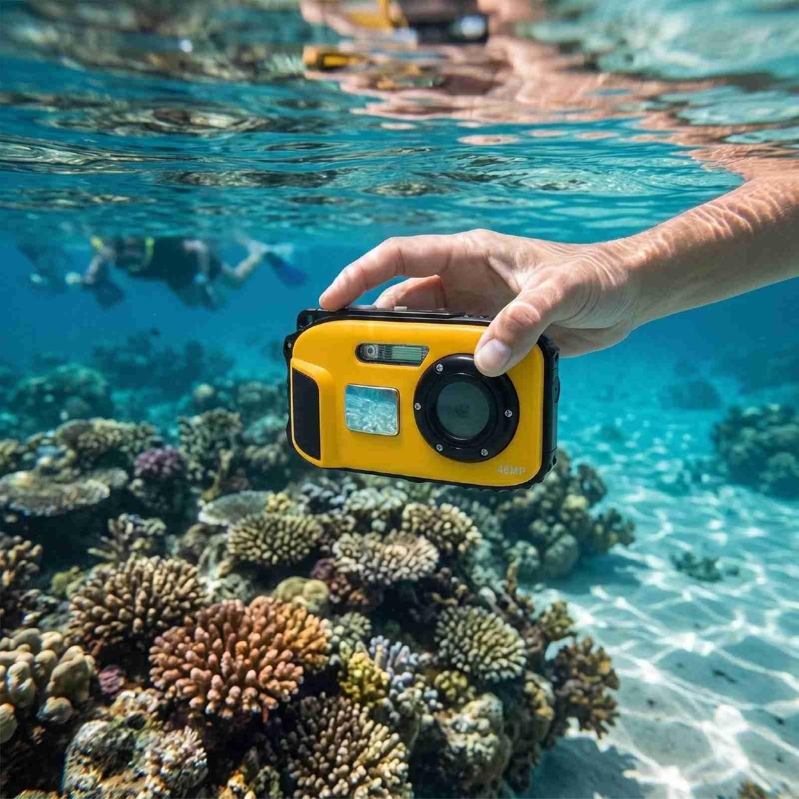 XUMIUZIY Fotocamera Subacquea 1080P 48MP, Resistente all'Acqua 5M, con Schermo Selfie (Yellow)