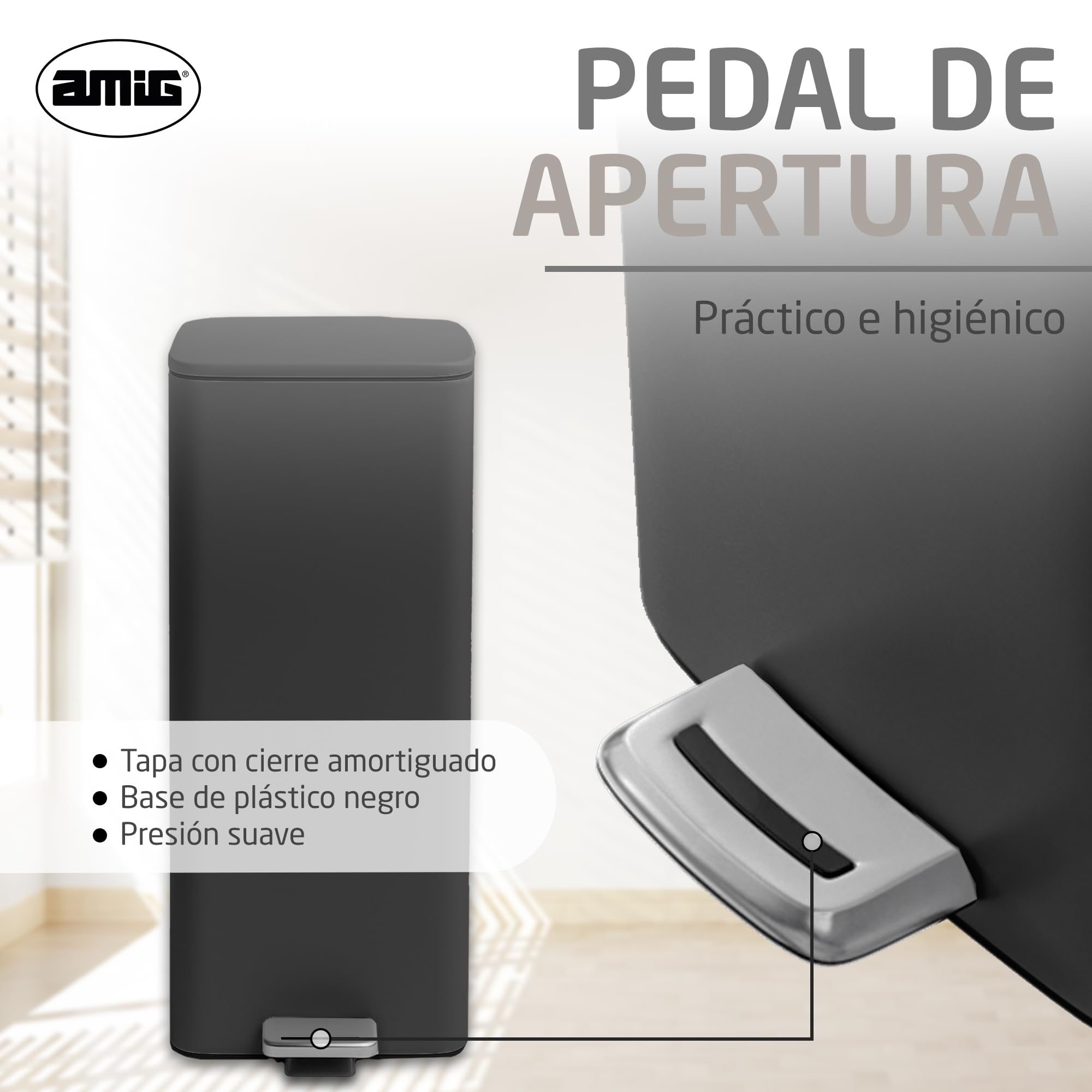 Amig - Cubo de Basura con Pedal 30 Litros Mod. Artvin - Color Negro - Apertura higiénica sin manos - 27 x 36 x 65 cm - Acero inoxidable lacado - Papelera para cocina con Tapa Hermética