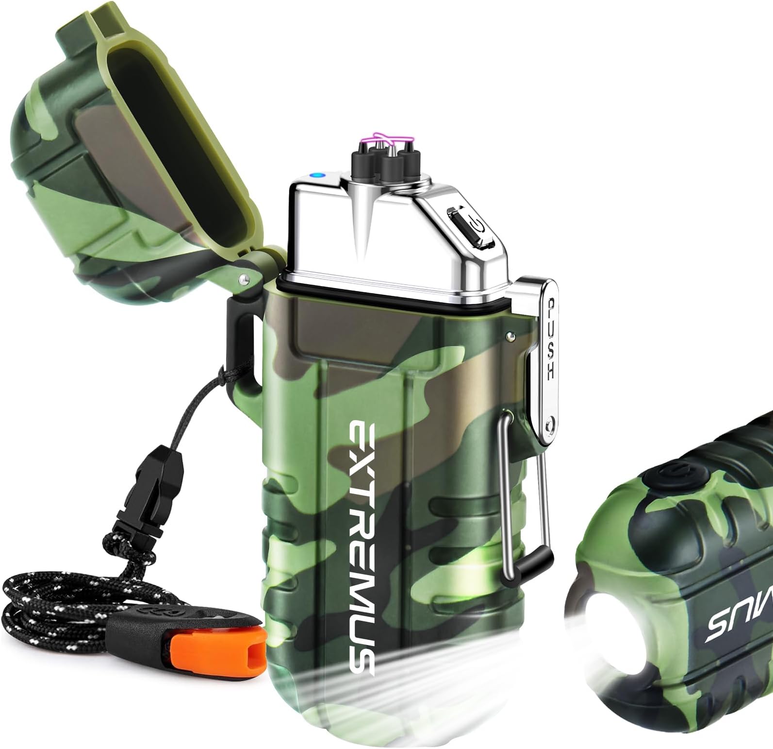 Extremus Blaze 360 Windproof Lighter, Waterproof Lighter with Flashlight, USB Rechargeable Flameless Lighter, Dual Arc Plasma Electric Lighter with Survival Whistle & Lanyard Camping Tactical Gear