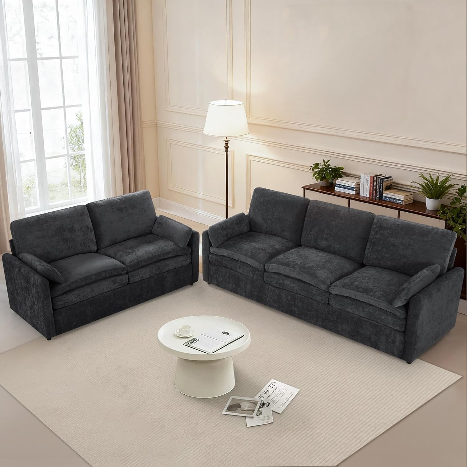2 Pieces Chenille Sofa Set with Soft Pillows, Comfy 3-Seat and Loveseat Couch with Thickened Cushions, Modern Upholstered Sofa Set with Deeper Seats for Living Room, Apartment, Dark Grey