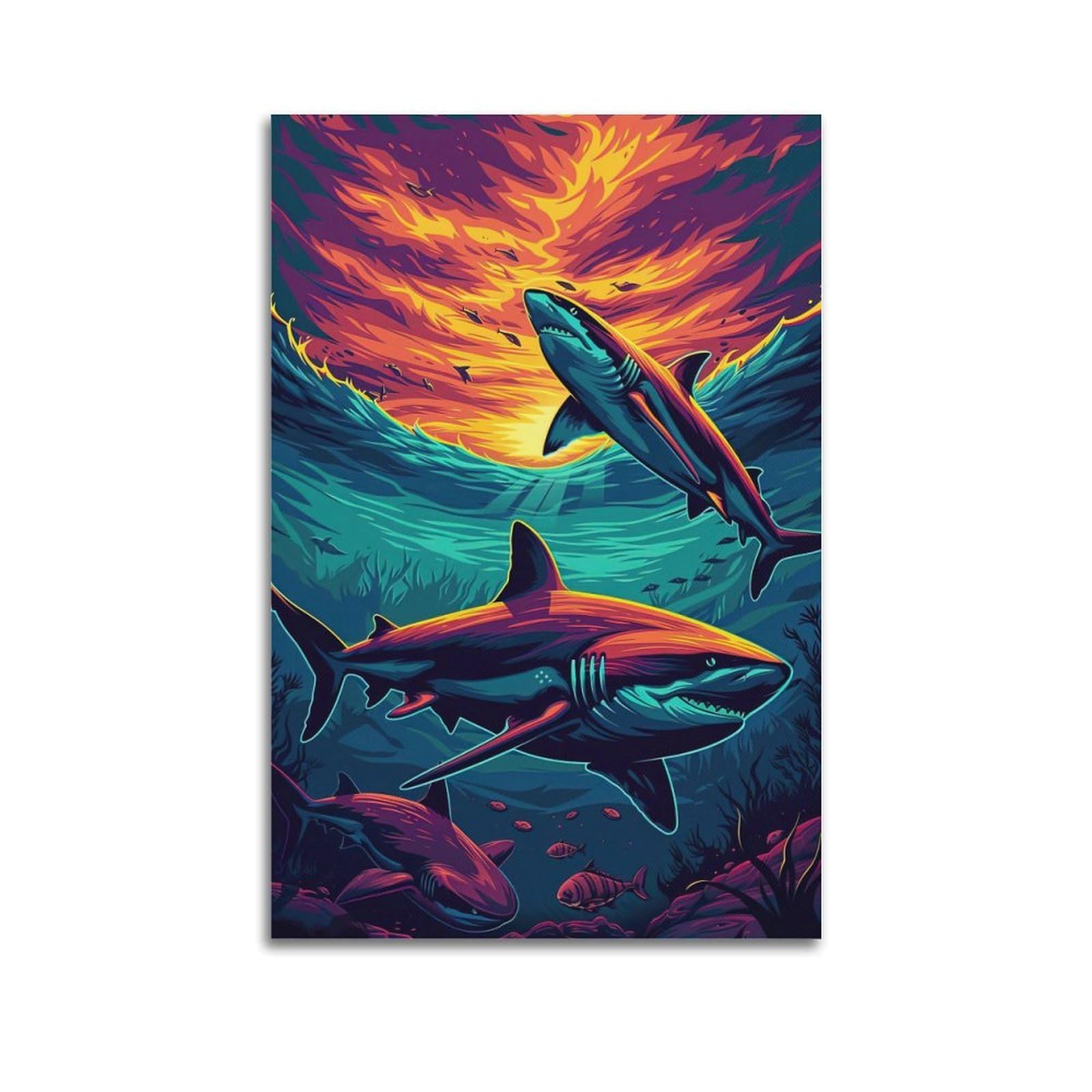 HUIYHB Animal Poster Sharks And Fish Poster Decorative Painting Canvas Wall Posters And Art Picture Print Modern Family Bedroom Decor Posters 20x30inch(50x75cm)