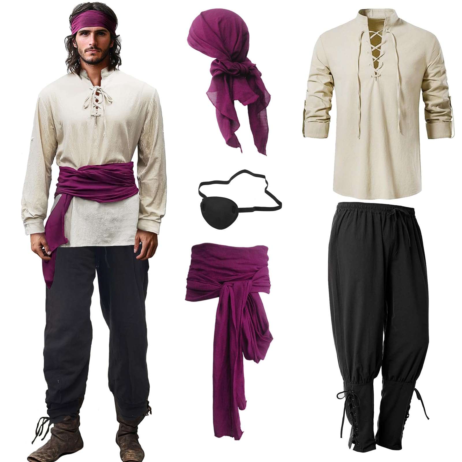 5 Pieces Pirate Costume Adult Men Eye Patch Medieval Shirt Trousers Bandana Belt, Pirate Outfit Halloween Costumes for Carnival, Cosplay Parties