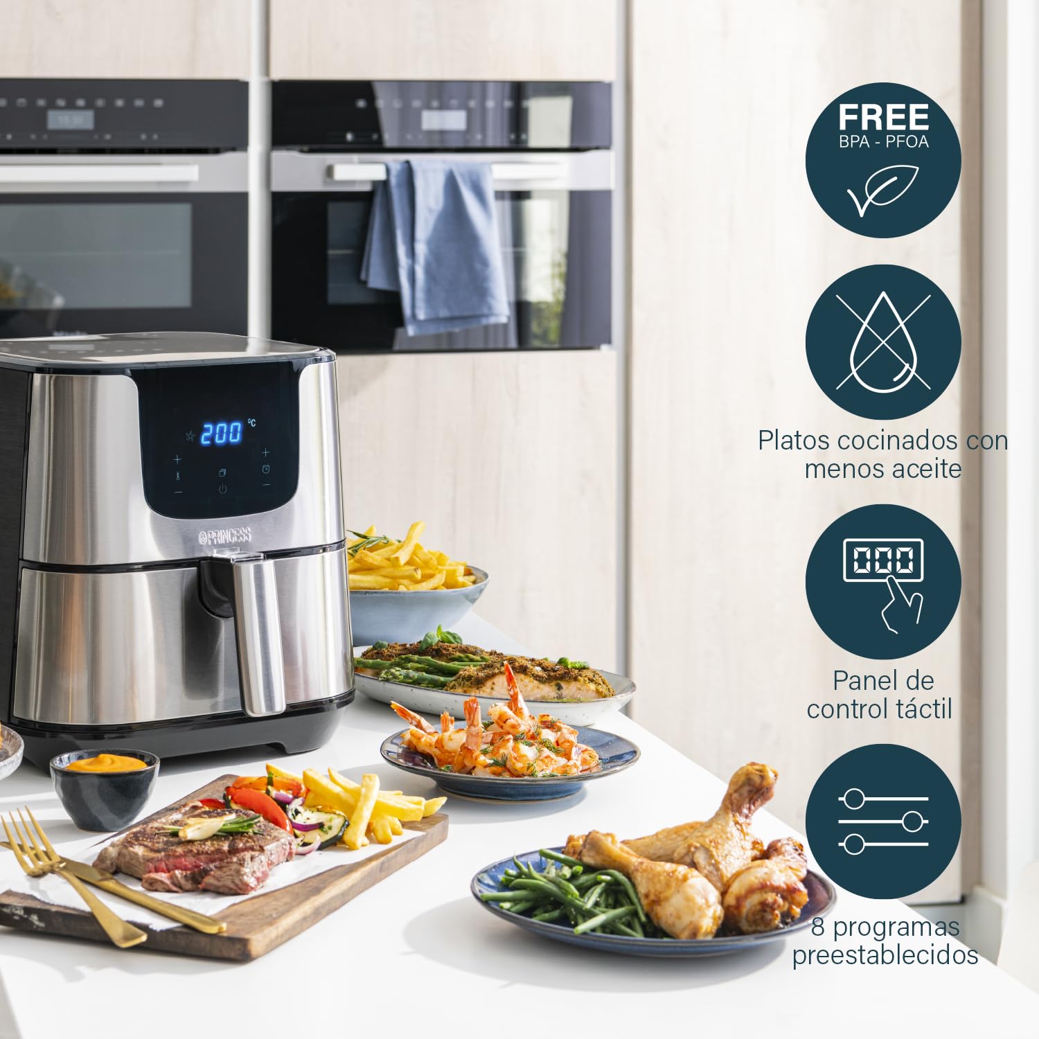 Princess 182060 Freidora sin aceite Deluxe 5.5 L, hasta un 62.2% menos de consumo de energía, libro con 30 recetas incluido, 8 programas, panel de control táctil digital, Regular
