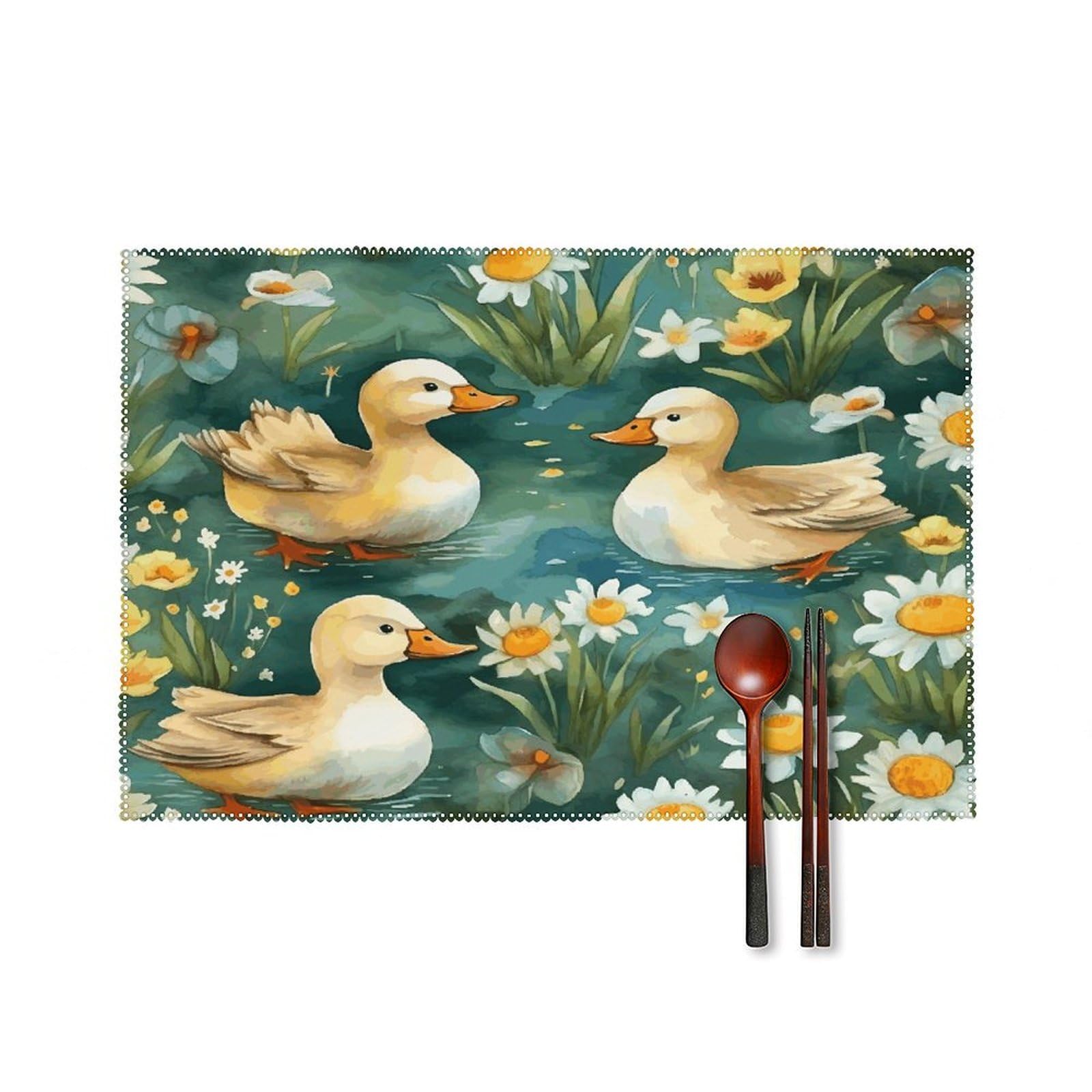 Btcowzrv Style Hand Drawn Duck Canvas Placemats Set Of 6, Wipeable Washable Place Mats For Indoor & Outdoor, Table Mat Decor For Kitchen Dining Party