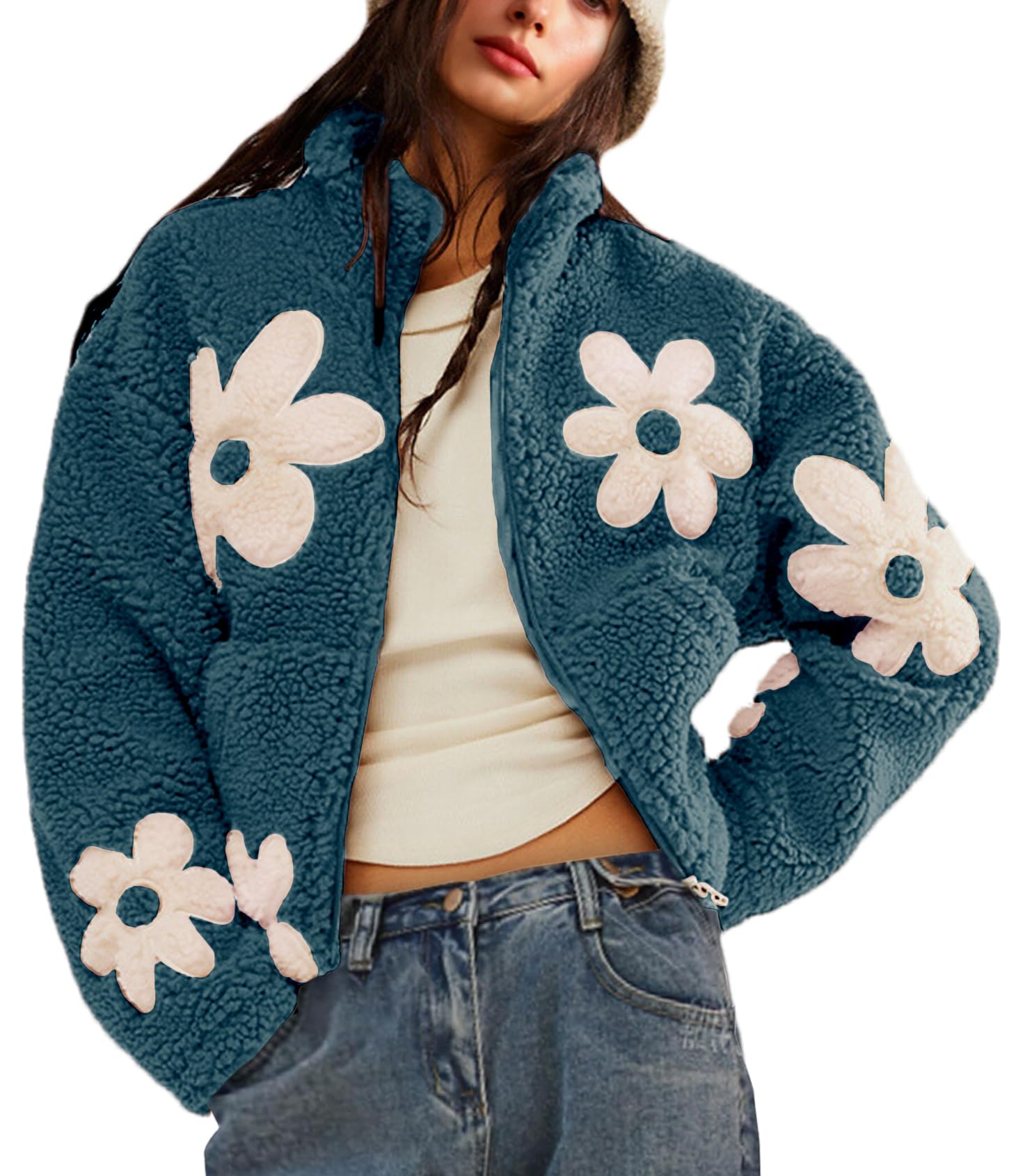 Theenkoln Veste En Tricot Pour Femme à Fleurs : Veste D'hiver Décontractée En Transition Printemps Veste En Polaire Automne Cardigan Cœur Veste Matelassée Marguerite Veste En Peluche Manches Longues