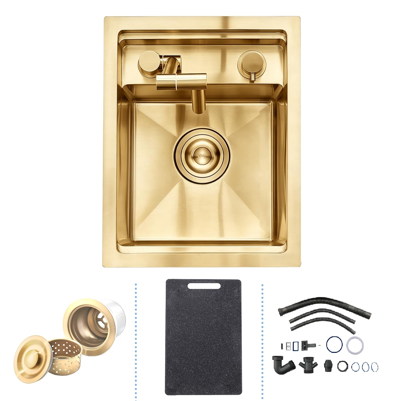 Gold Bar Évier de Bar de Cuisine Dissimulé Caché avec Robinet Pliable, 30 x 45 cm RV Small Stainless, Petit Lavabo en Acier de Calibre 16 Bac Simple Doré Pour Bars D'extérieur, Camping Car
