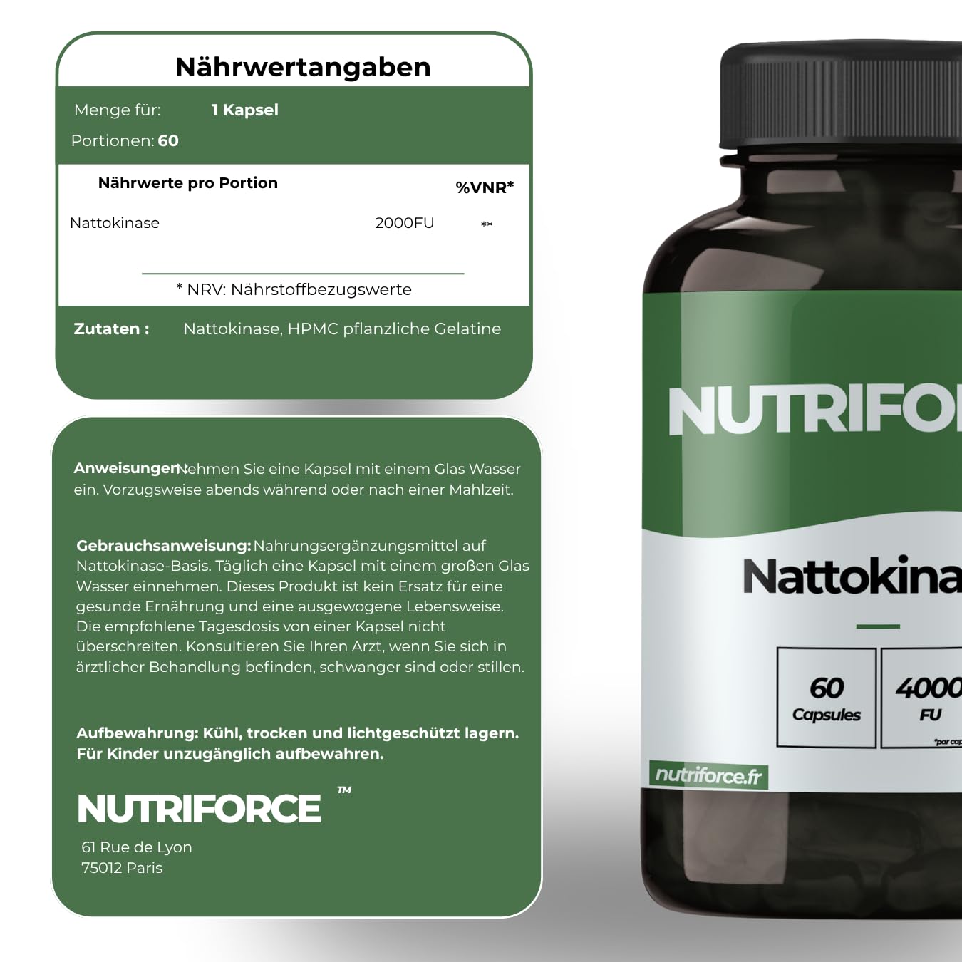 Nattokinase Kapseln 2000 FU – Blutdruck, Durchblutung & Herzgesundheit – Thrombose-Prävention, Blutfluss & Kardiovaskuläres System – Frankreich
