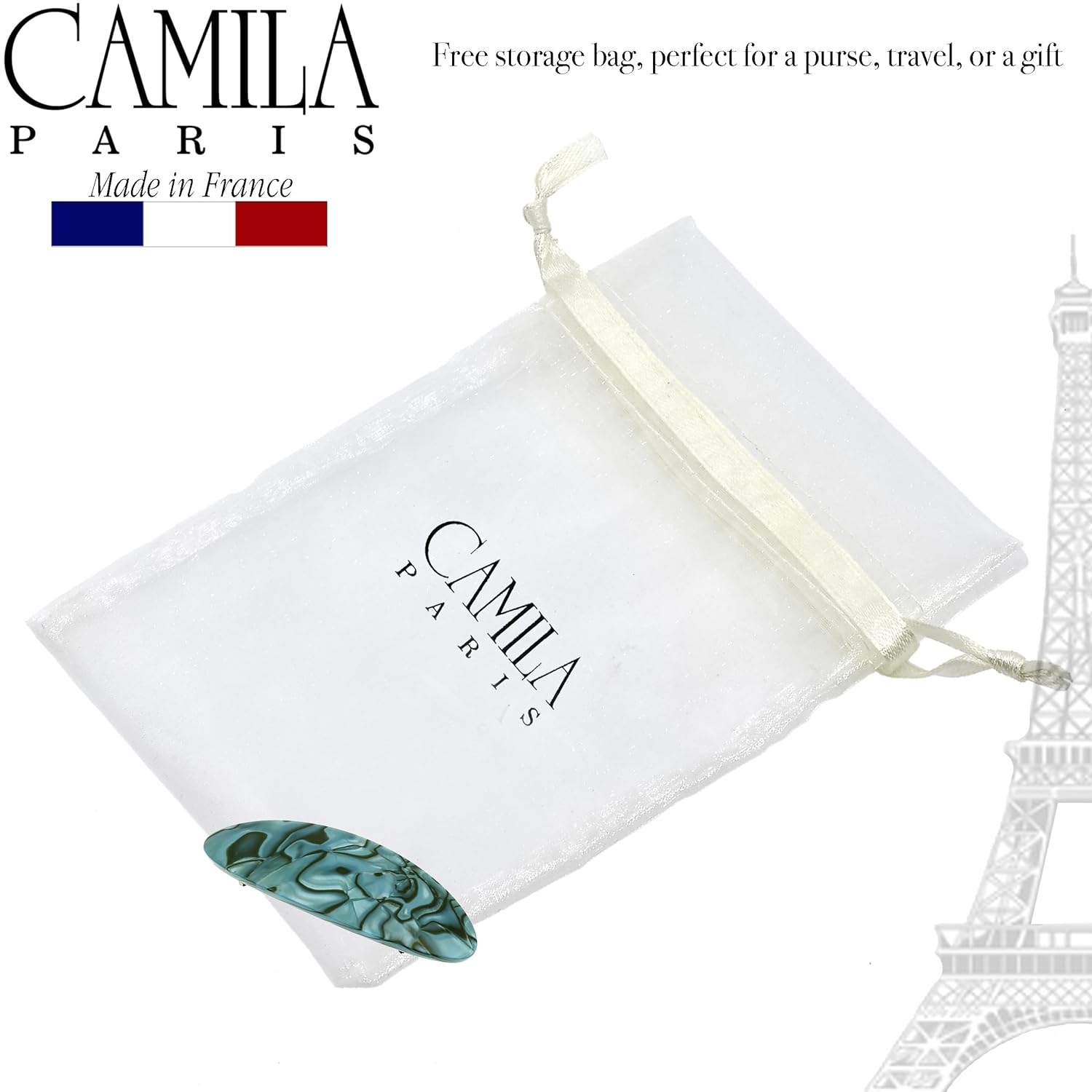 Camila Paris CP2984 French Hair Barrette Clip Handmade Oval Blue, Strong Hold Grip Hair Clips for Women, No Slip Rubberized Metal Closure, Durable Styling Girls Hair Accessories, Made in France
