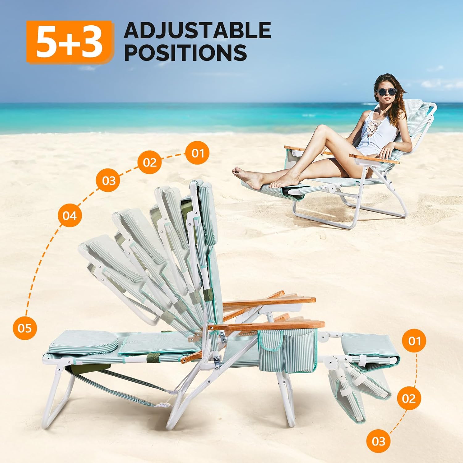 VINGLI Deluxe 3 in1 Beach Chair, Tanning Chair with Face Hole, Reclining Lounge with Foot Rest, Cup Holder and Storage Bag，Beach Lounge for Outdoor Pool-Green
