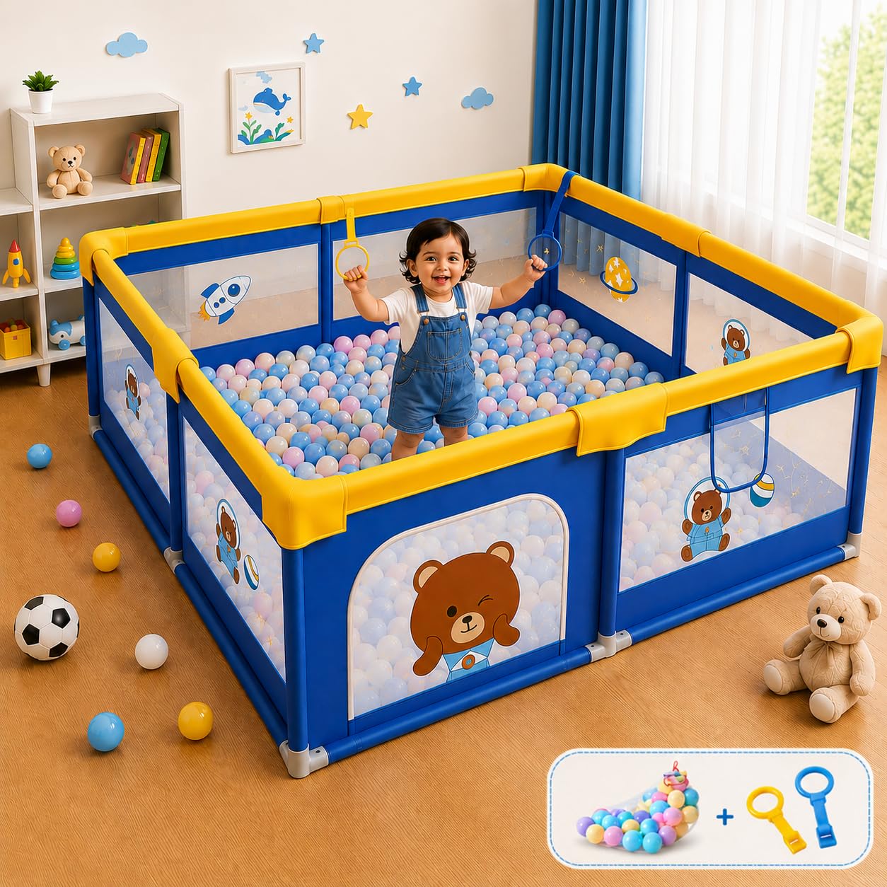 MONSTECH Large Baby Playpen 150x180cm Pit Balls Playpen for Baby up to 5 Years with Anti-Fall Rings, Safety Lock, Breathable Mesh, Kids Activity Center Play Pen (Large-Blue)