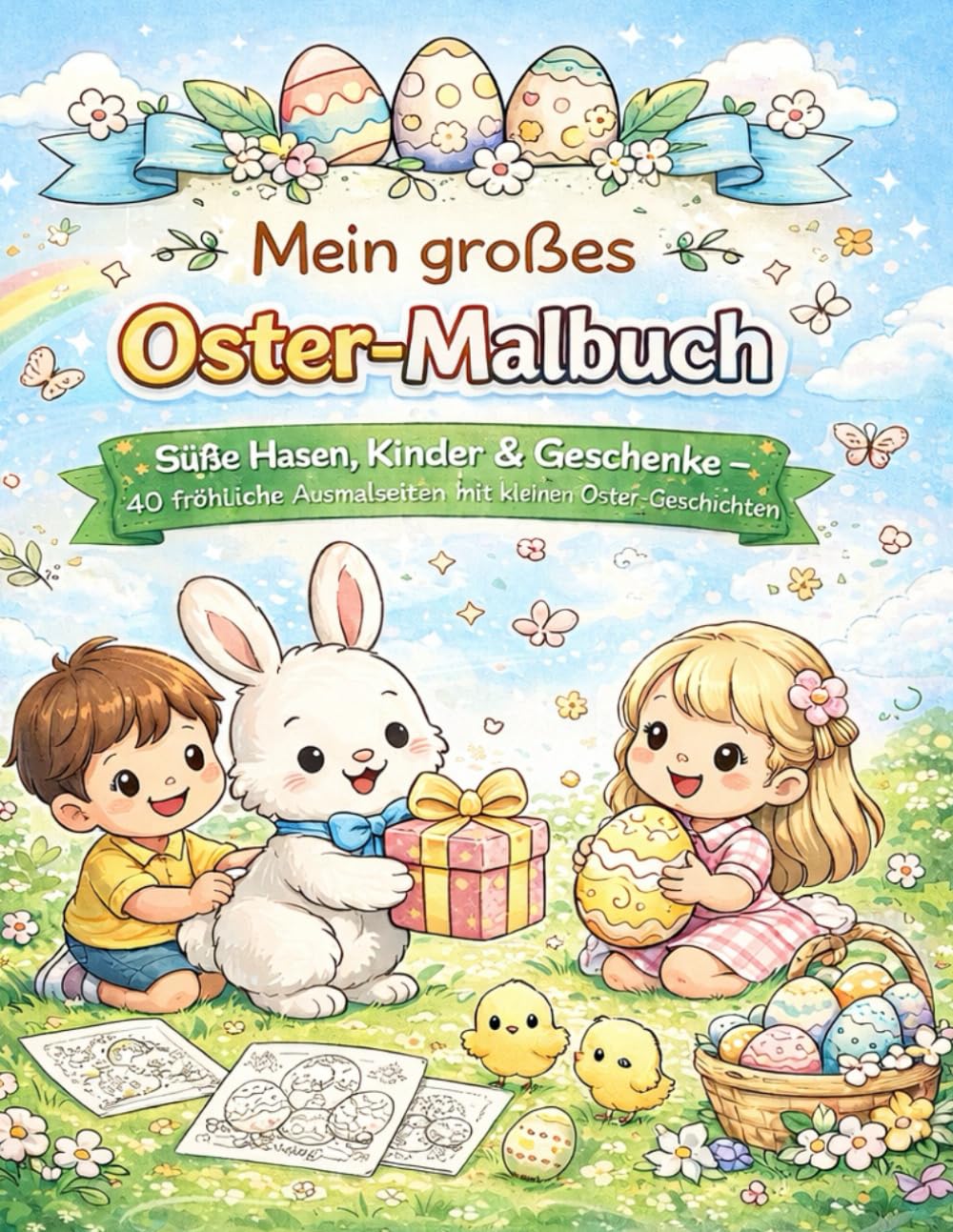 Mein großes Oster-Malbuch: Süße Hasen, Kinder & Geschenke – 40 fröhliche Ausmalseiten mit kleinen Oster-Geschichten