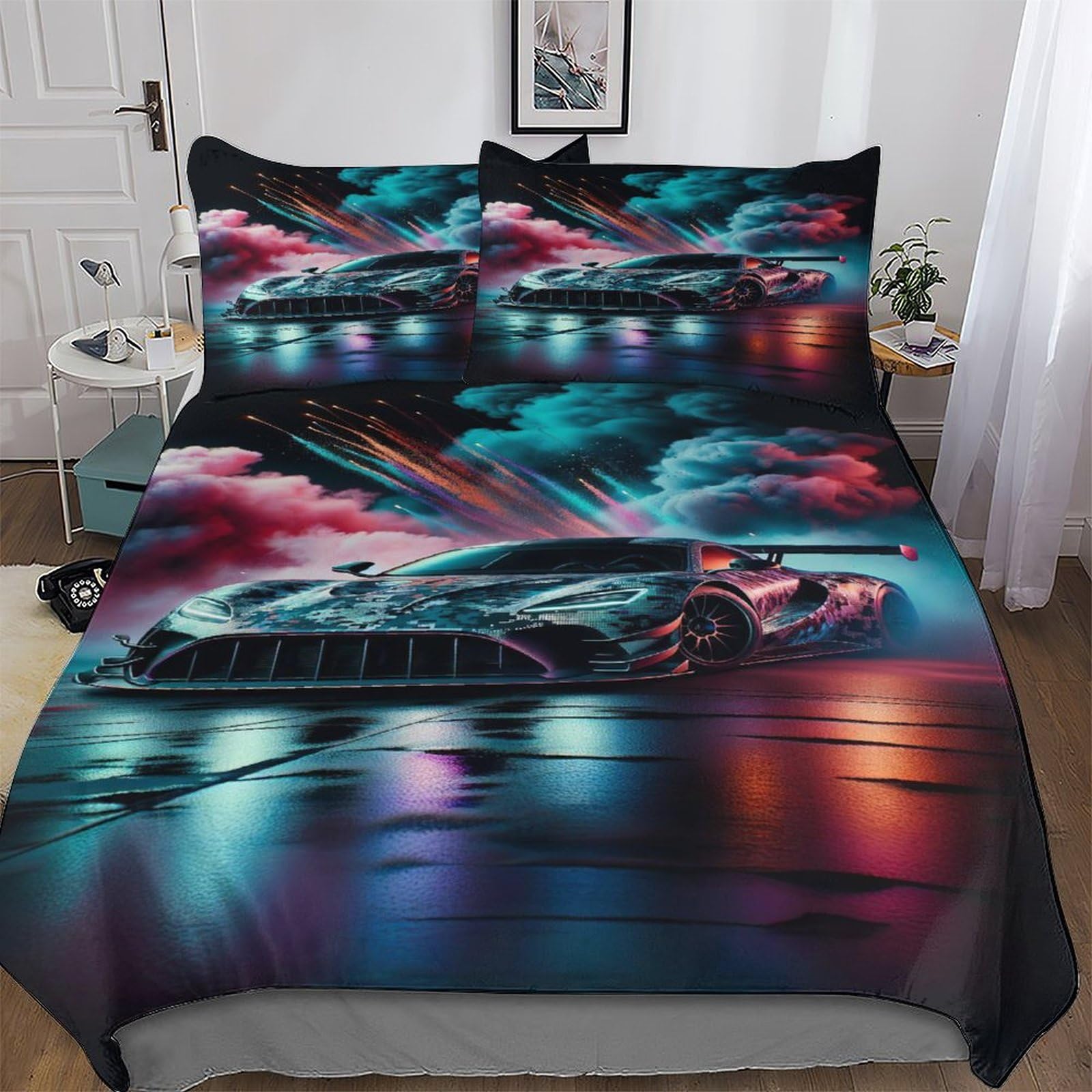 Housse de couette voiture de sport 220x240cm anti-pli en microfibre douce pour lit King sans repassage