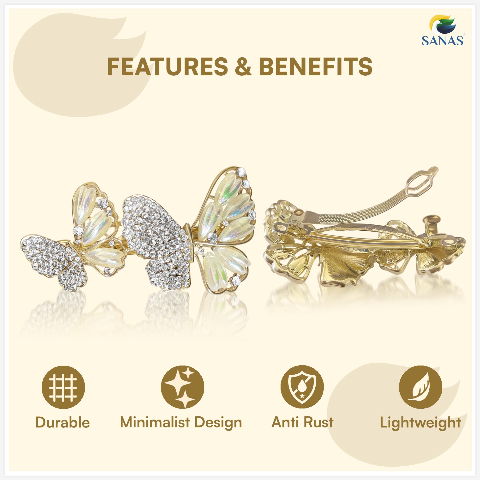 Sanas Butterfly Hair Accessories For Women Korean Fancy Clips (1Pc) Butterfly Clips For Hair Accessories For Women Wedding Traditional Barrette Hair Clips For Woman Stylish (1Pc) (Champagne Gold) 4