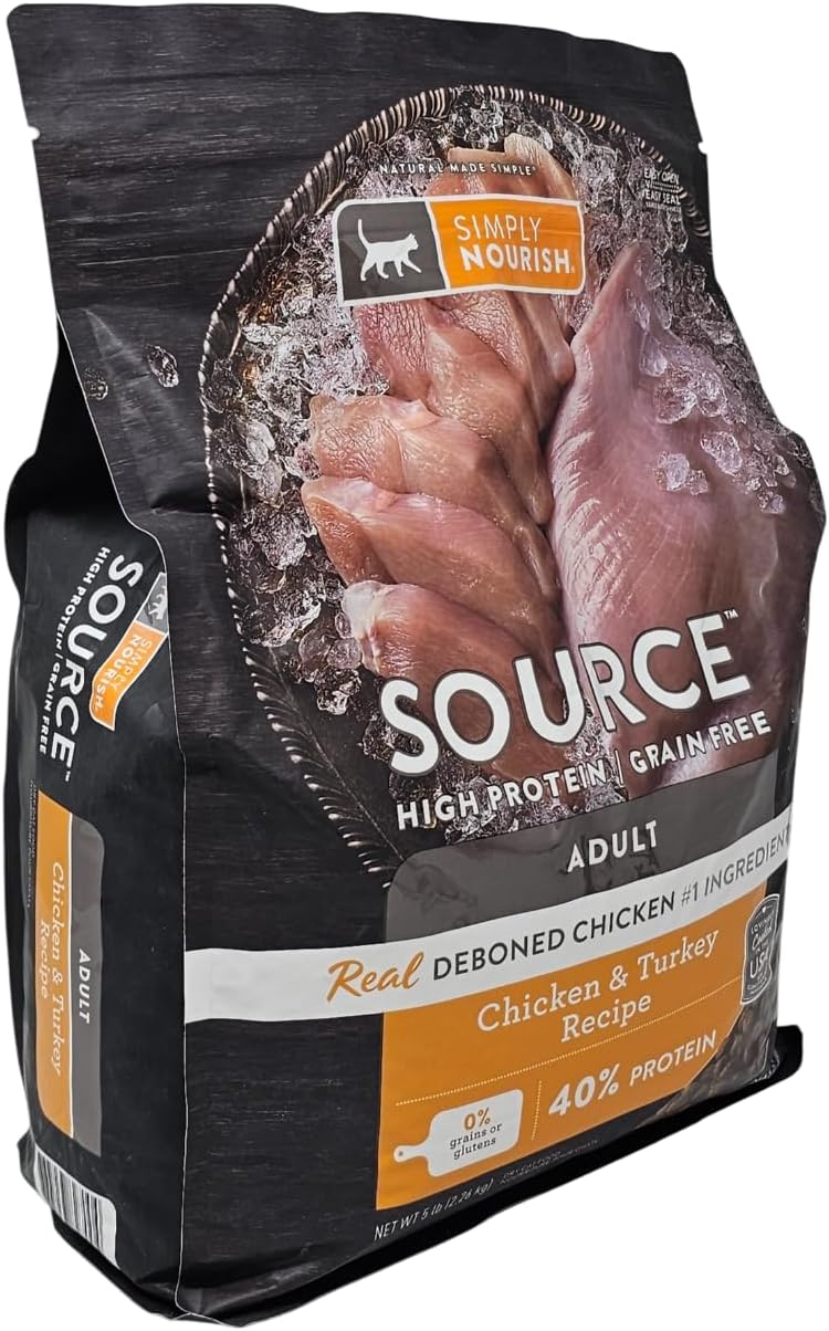 SIMPLY NOURISH Source High Protein, Grain Free Adult Chicken and Turkey Dry Cat Food, 5 Pound Bag