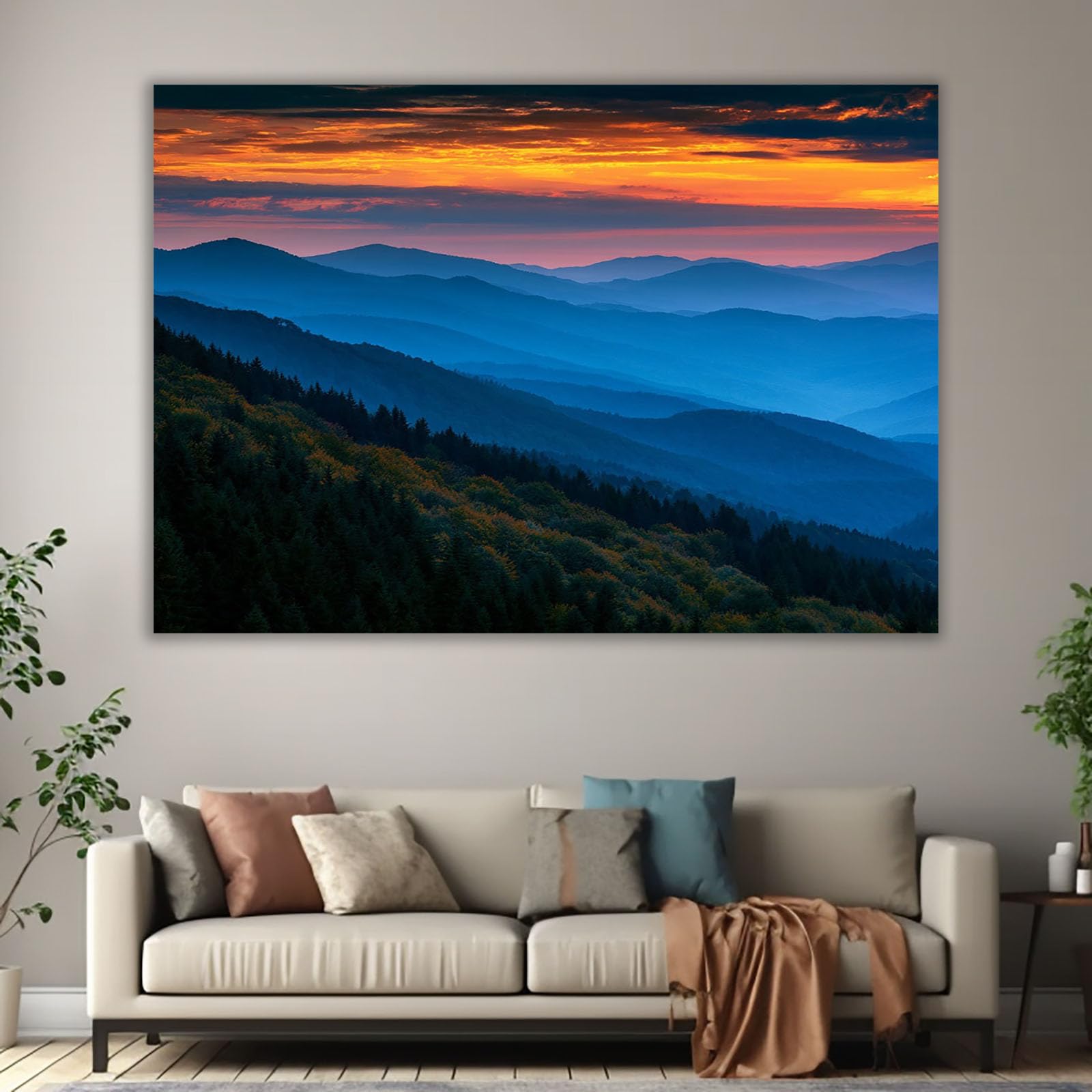 AMXBZC Abstraktes Nature Leinwand Bilder Kunstdrucke Bergnebelbaum-Landschaft Wandbild Kunstdruck -Wohnzimmer Deko Kunst- Modern für Büro Wanddeko(Orange)-50x70cm Gerahmt