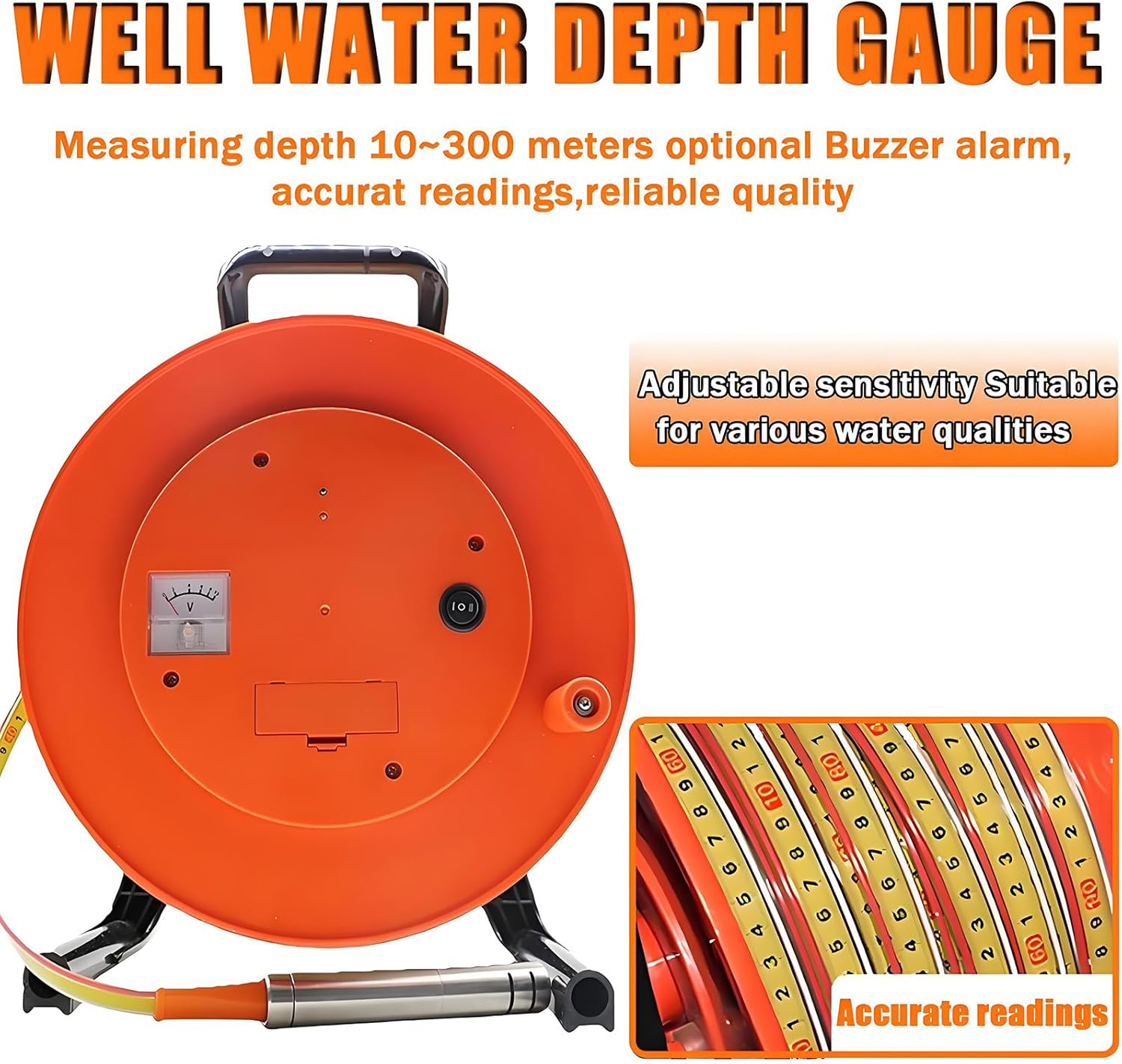 Deep Well Water Level Meter, Portable 10-300m with Stainless Steel Probe, Measuring Tools for Water Well Repair, Indicator Light, Peak Display 150m