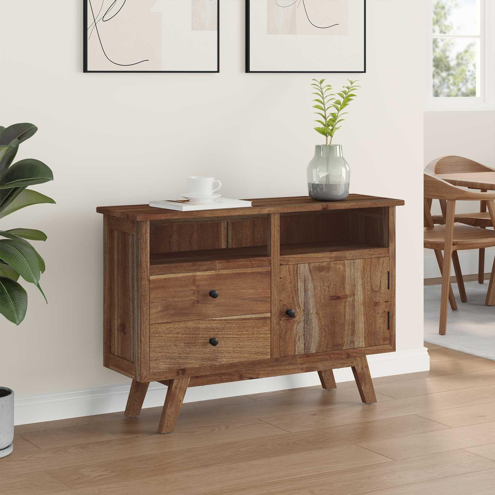 Aparador de teca 100 x 30 x 68 cm madera maciza natural con 2 cajones y puerta, cofre vintage grande para salón, comedor, cocina o pasillo