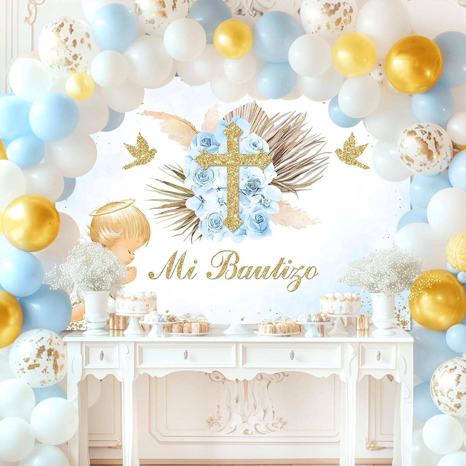Avezano Mi Bautizo Backdrop Boho Baptism Party Decorations for Boy Blue Floral Angel God Bless Photography Background Christening Newborn Baby Shower Props(10x8ft)