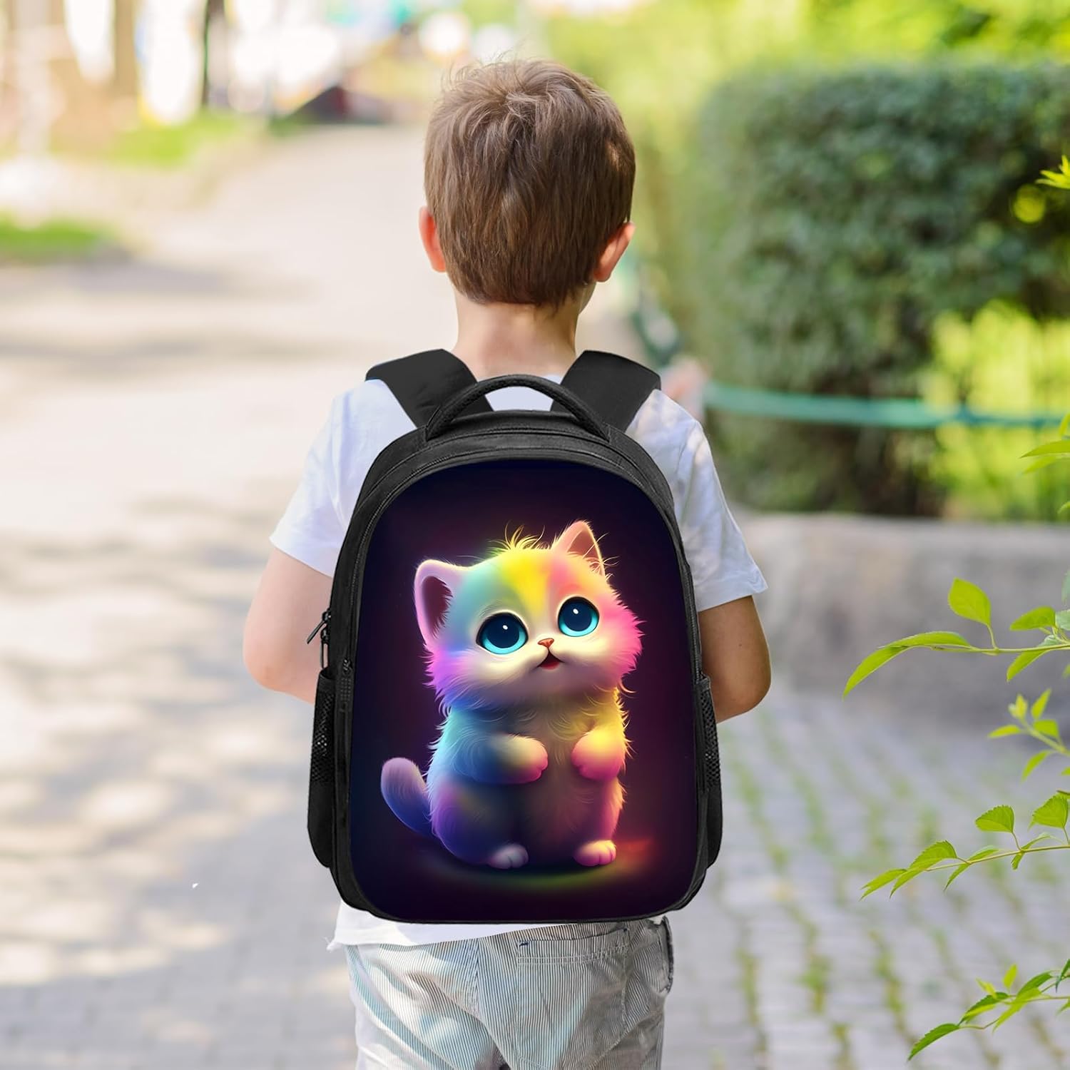 Cat Backpack for Girls Boys, Cute Cat Rainbow Colorful School Backpack Bookbag, 16 Inch Kindergarten Elementary School Backpack for School & Travel, Kawaii Kitten Cat Animal Print - Image 5