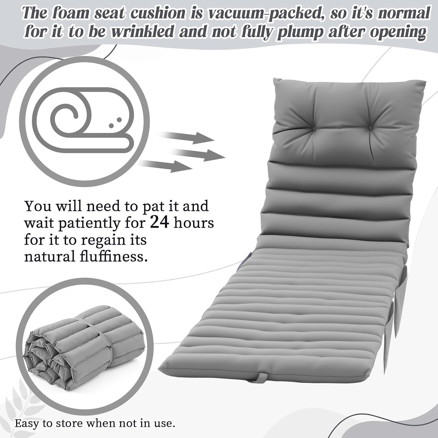 Kigley Outdoor Lounge Chair Cushions Set of 2, 72.8 x 24 x 2.3 Inch Patio Chaise Lounge Cushion with 3 Side Pockets Non-Slip Buckles, Fade and Water-Resistant Poolside Recliner Pads(Light Grey)