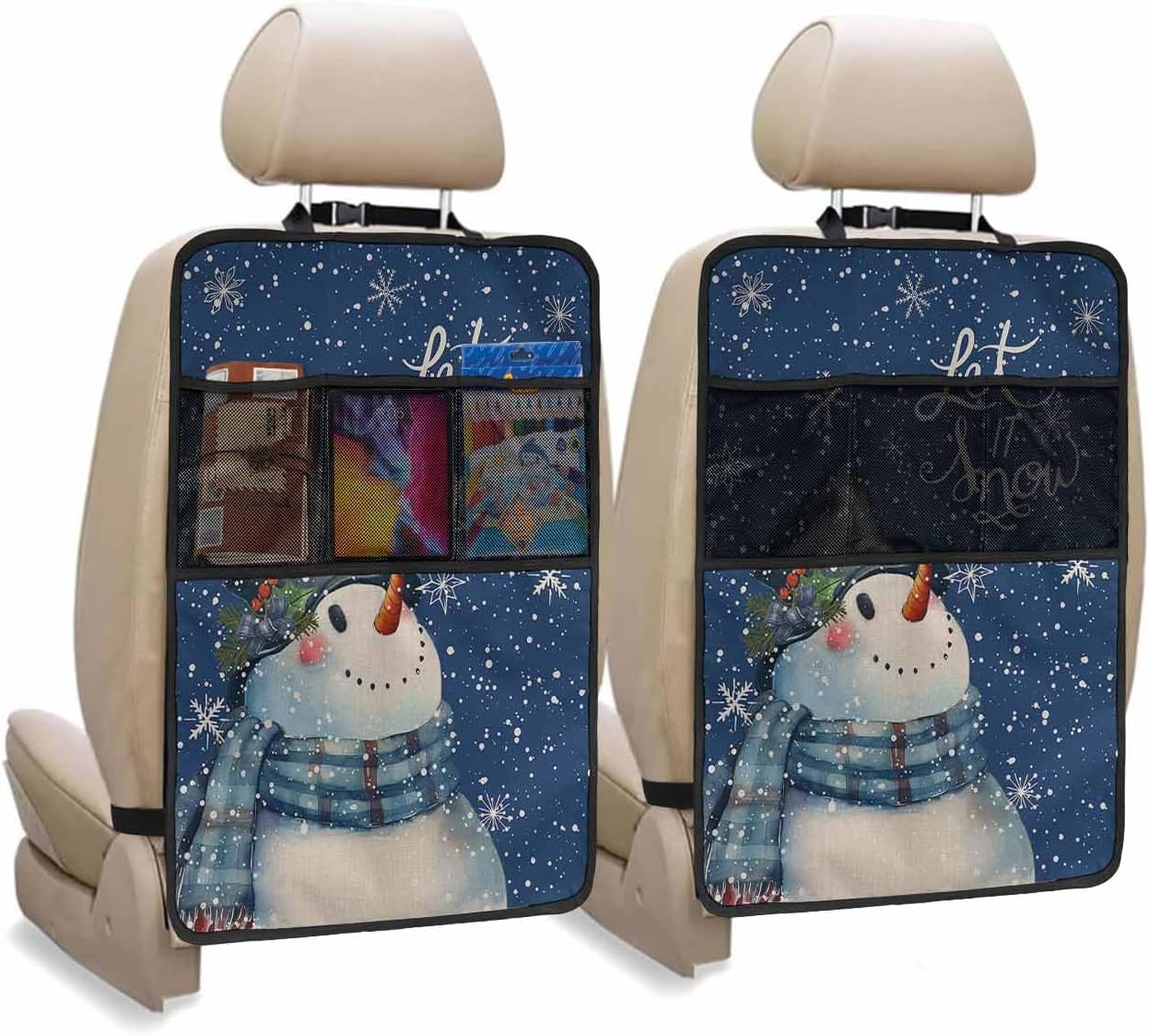 Car Seat Protector, 2 Pack Kick Mats with Organizer - 3 Pocket Storage, Navy Blue Christmas Snowman Snowflake Watercolor Back Seat Cover for Kids Universal Fit Automotive Interior Protectors