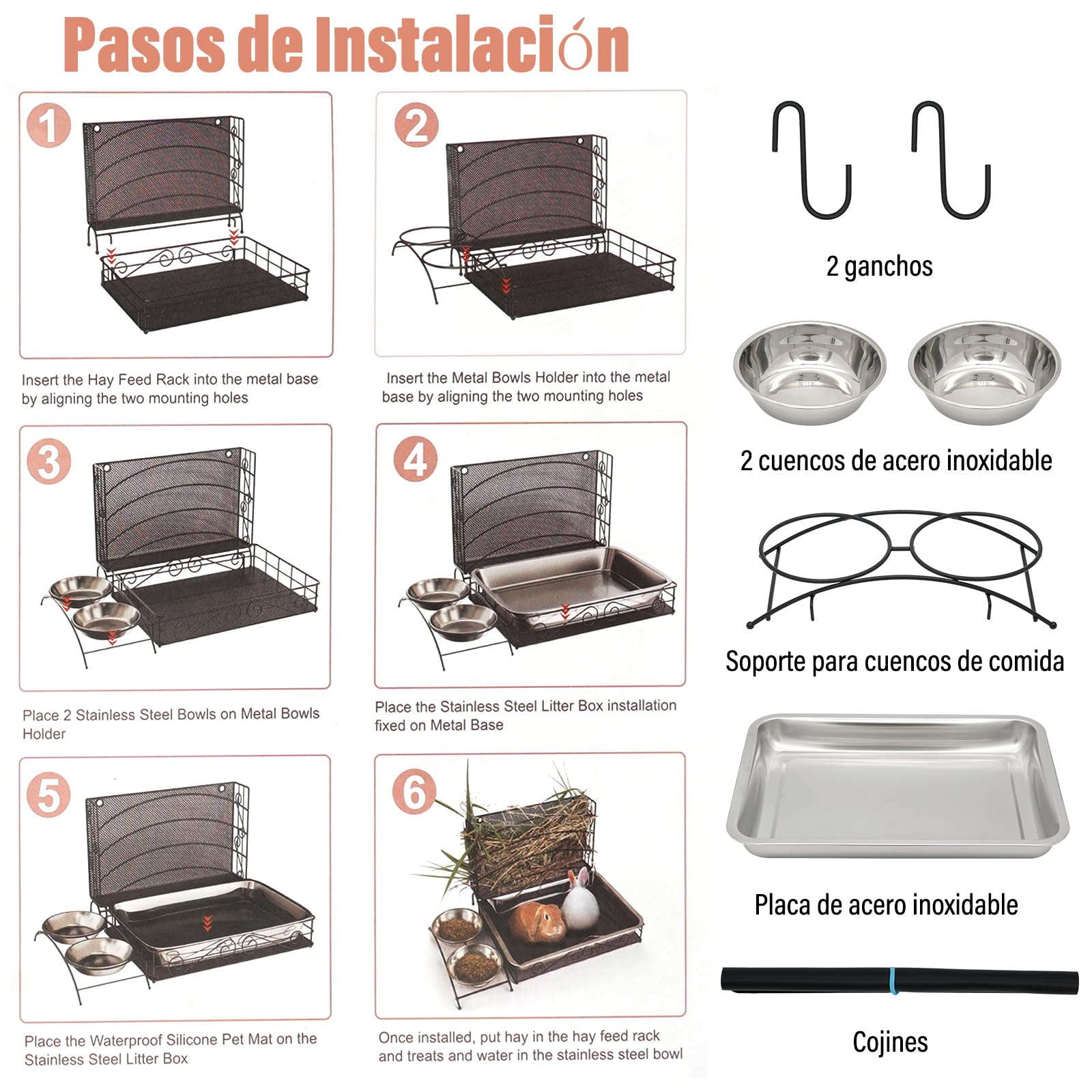 Comedero Para Conejos, Henero MetáLico Para Conejos con Alfombrilla Impermeable y Bebedero Dispensador Para Hamsters, PequeñOs Animales DoméSticos Comedero AutomáTico
