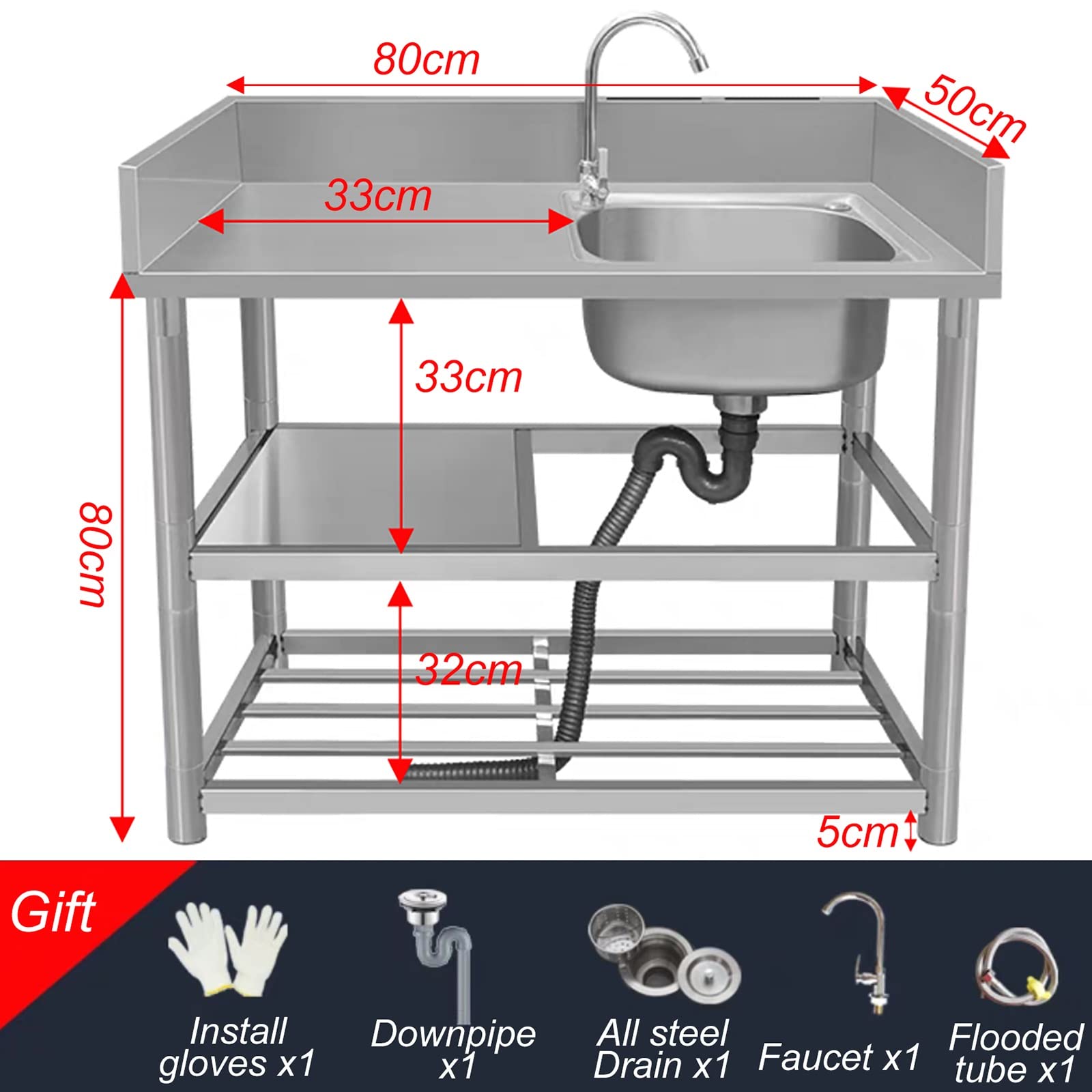 Évier de Cuisine Professionnel en Acier Inoxydable à Une cuve avec Plan de Travail et étagères - Robinet indépendant pour Salle de Bain, Restaurant ou Ferme