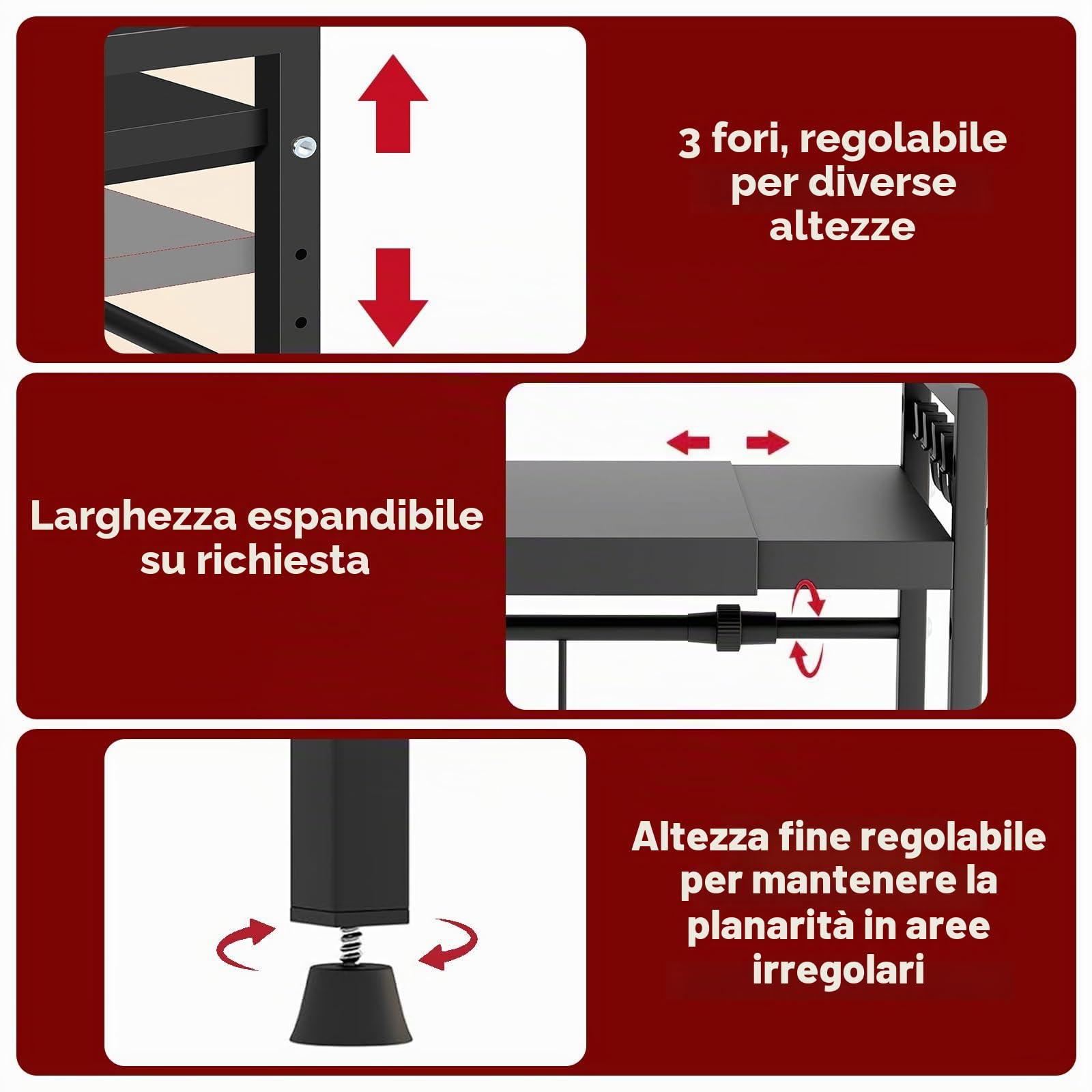 Mensola Microonde, Scaffale da Cucina Estensibile, Supporto Microonde Salvaspazio, Ripiano per Microonde con 6 Ganci 1 Porta Utensili da Cucina, Mobiletto Cucina Microonde Nero