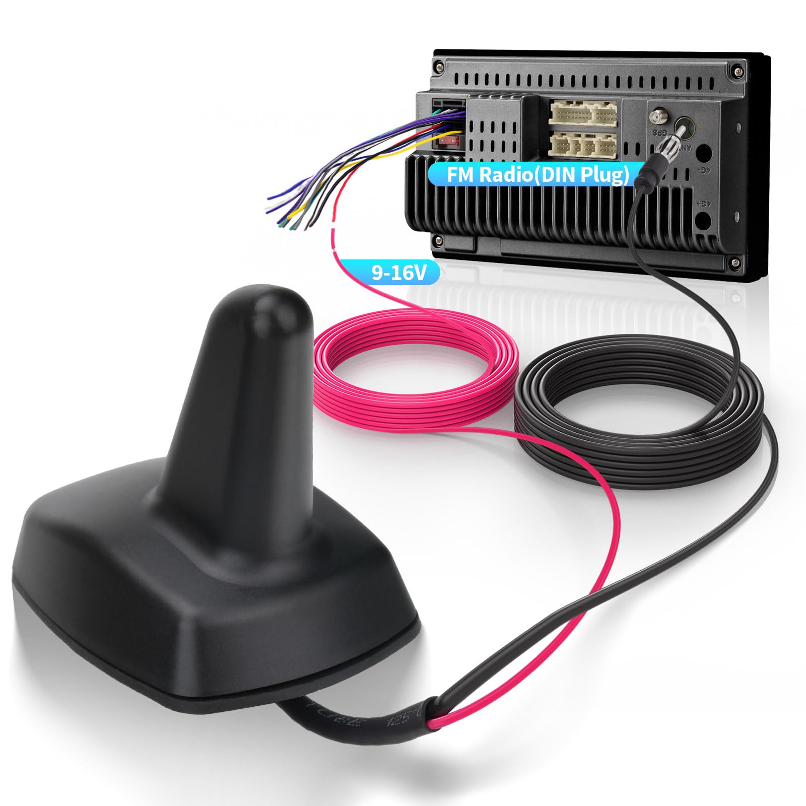 Bingfu Antena Radio Coche Tiburón Shark Fin FM/Am, Alta Gain 17-23 dB, IP65 Resistente al Agua, 9-16 V CC, Cable de 5 Metro, Compatible con Coches, Camiones, Autocaravanas y SUV, Color Black