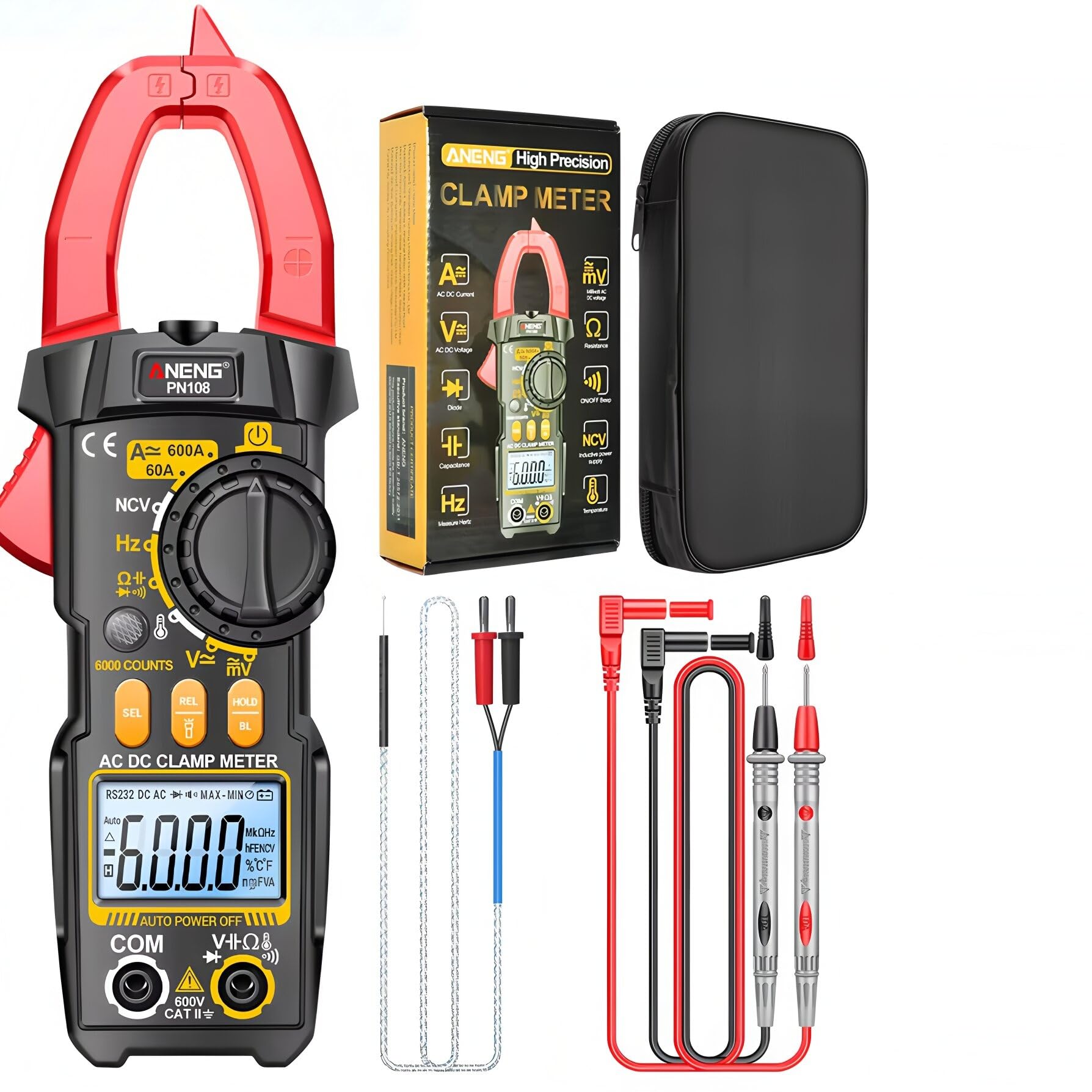 Messzange Multimeter 6000 Zähler AC/DC-Spannungsprüfer PN108 600A Stromwiderstand Kapazität Hochpräzisions-Testwerkzeug (PN108)