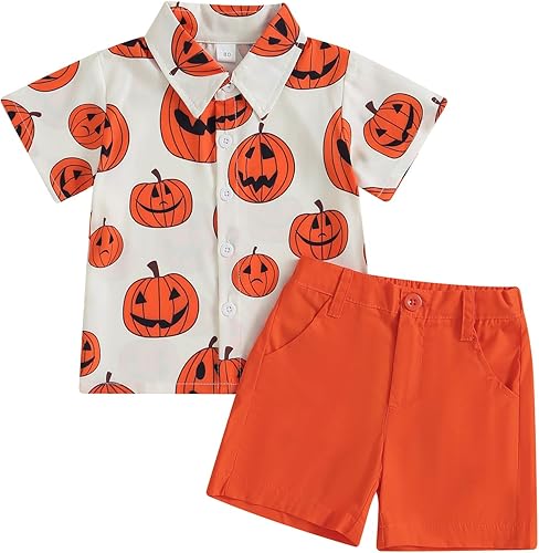 Miniatura 1 de Conjunto de camiseta de manga corta con cabeza de calabaza para bebé niño, traje de Halloween, pantalones cortos naranjas de verano