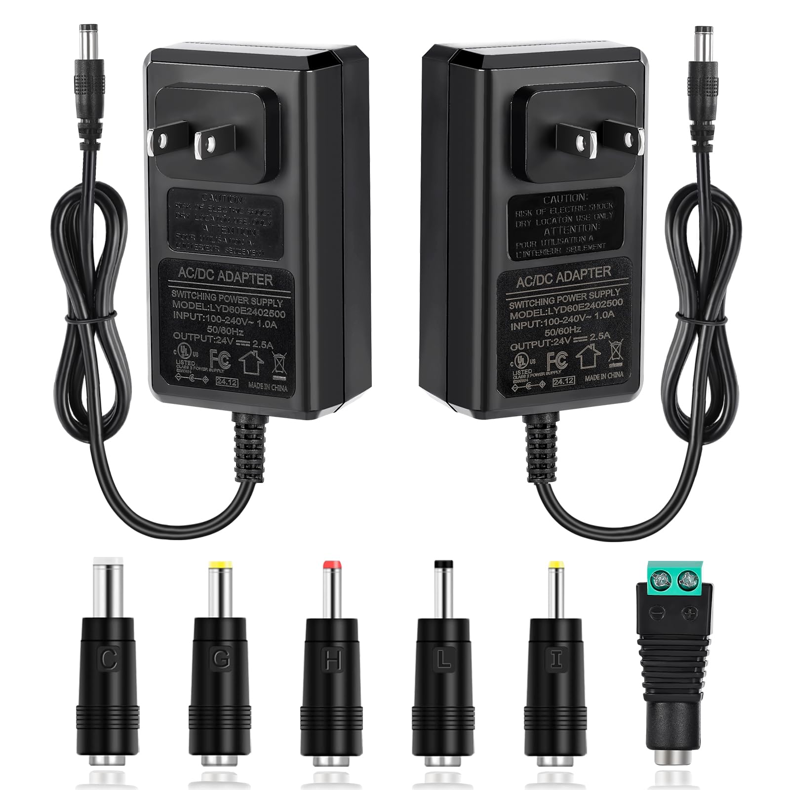 HOUHUI 2-Pack 24V 2 5A Power Supply UL Listed 100-240V AC to 24V 2 5A 60W DC Converter