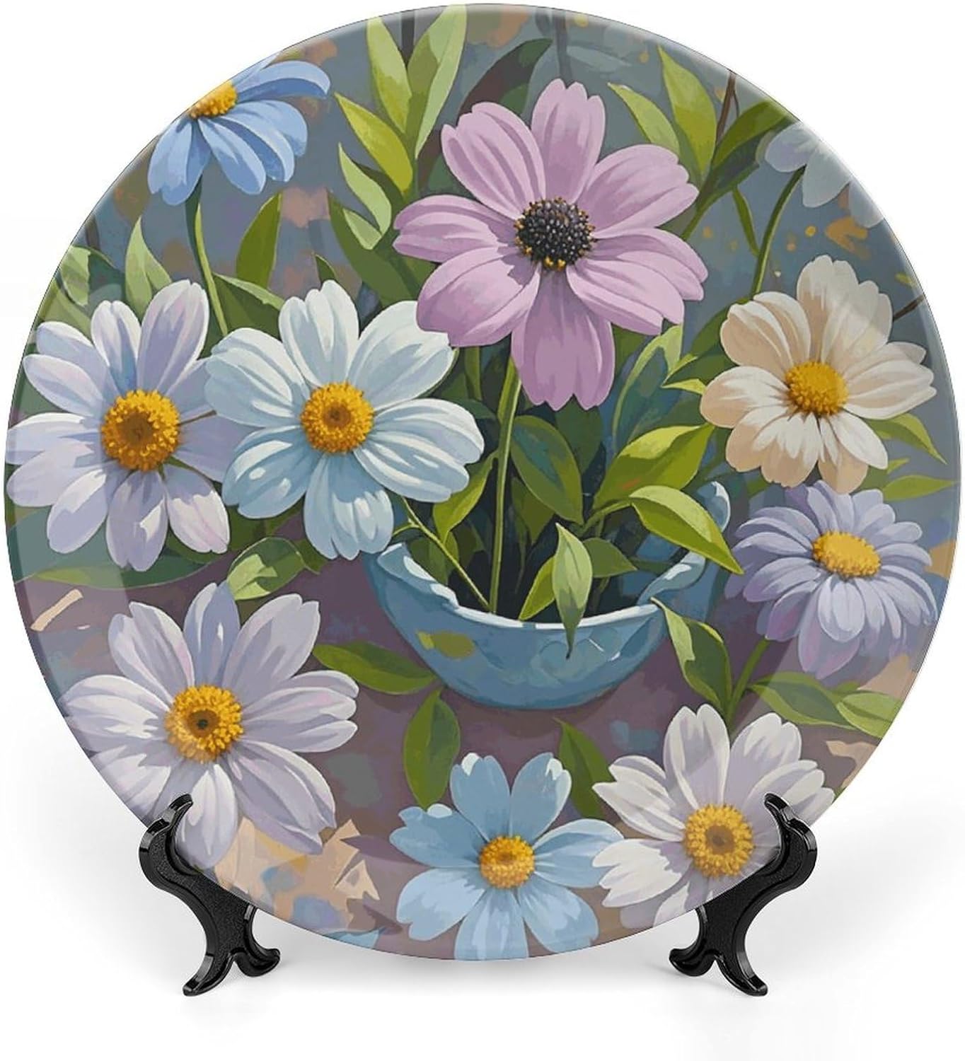 Color Flower Painting Decorative Ceramic Plate Round Porcelain Plate Decor Personalized Bone China Decorative Plates Ceramic Ornaments Dessert Plates with Display Stand 8inch