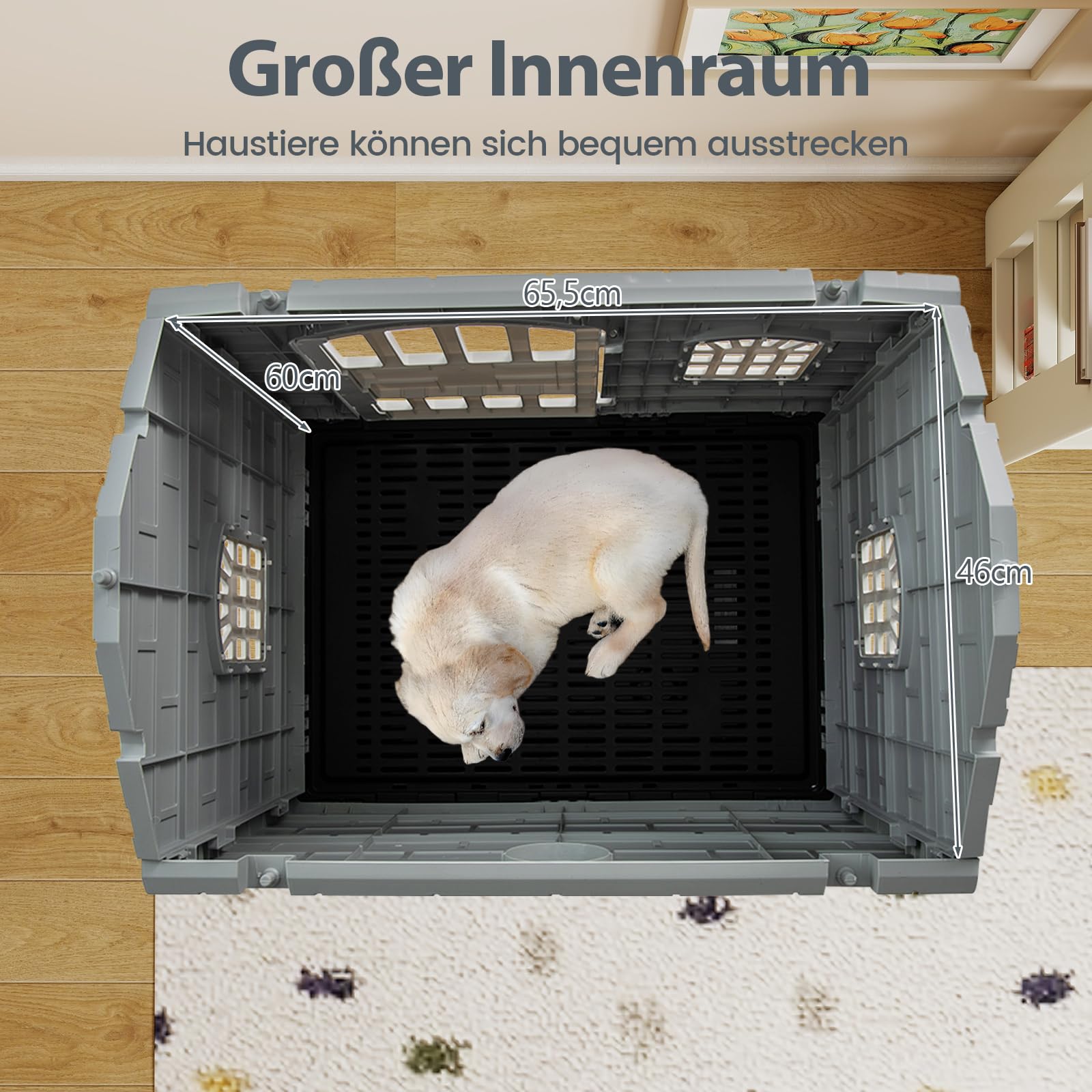Plastik-Hundehütte, Hundehütte Welpenunterstand mit 3 Fenstern, abschließbare Tür, Schrägdach, abnehmbares Tablett, Indoor- und Outdoor-Hundezwinger für kleine und mittelgroße Hunde (Grau)