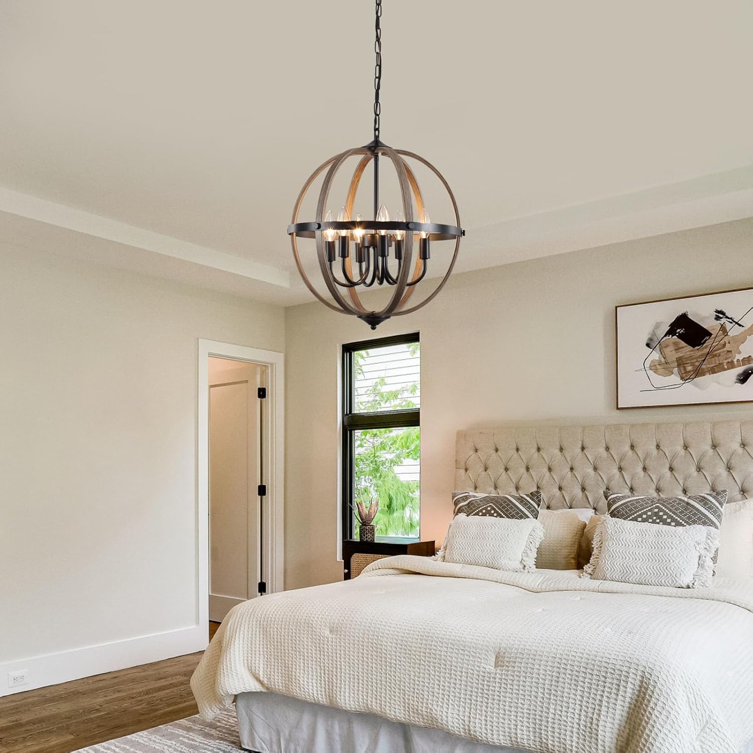 Farmhouse Wood Chandelier 6 Light, Orb Chandelier 17.12'' Metal Rustic Globe Pendant Light, Faux Wood Texture Adjustable Hanging Ceiling Light Fixtures for Kitchen, Dining Room, Foyer Hallway