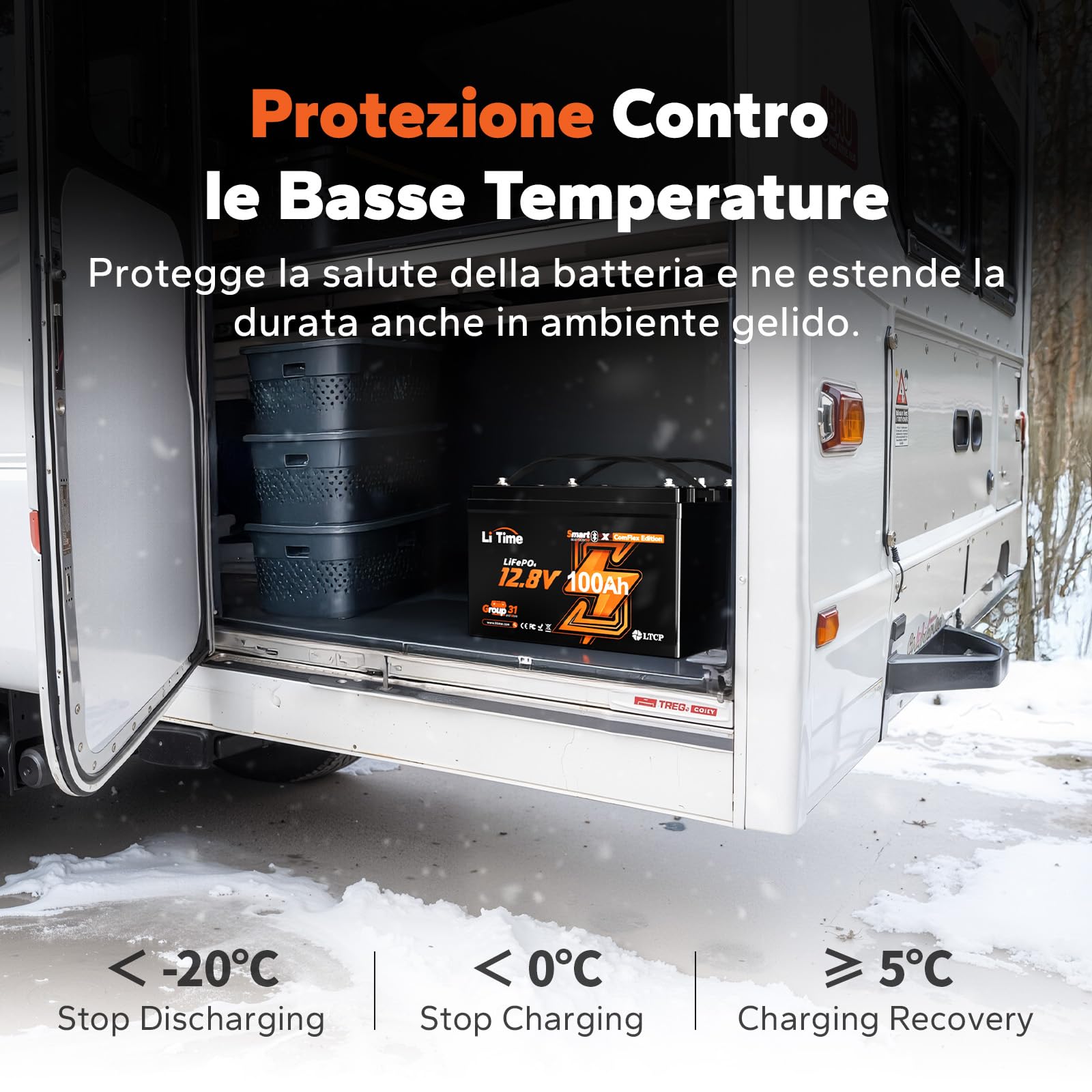 LiTime Batteria Litio 12V 100Ah LiFePO4 CAN/RS485 per Accumulo Fotovoltaico | Bluetooth, BMS 100A, Max 15000 Cicli, Energia 1280Wh, IP65, Protezione Basse Temperature, Max 4P4S, per Camper, Yacht, Barche