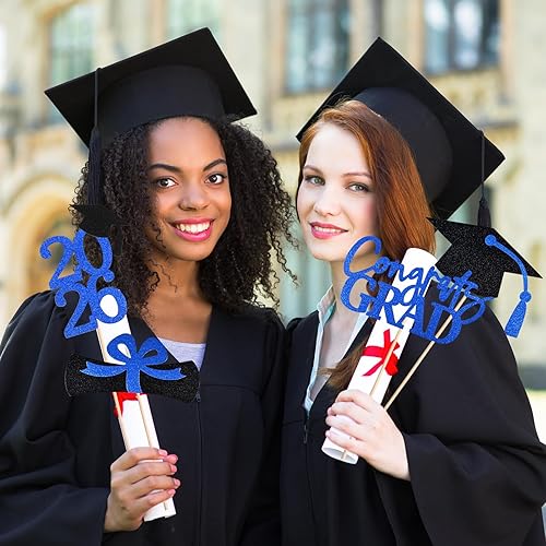 Miniatura 8 de Juego de 20 decoraciones de fiesta de graduación 2025, centro de mesa de graduación de doble cara con purpurina para mesas, mesas, accesorios de