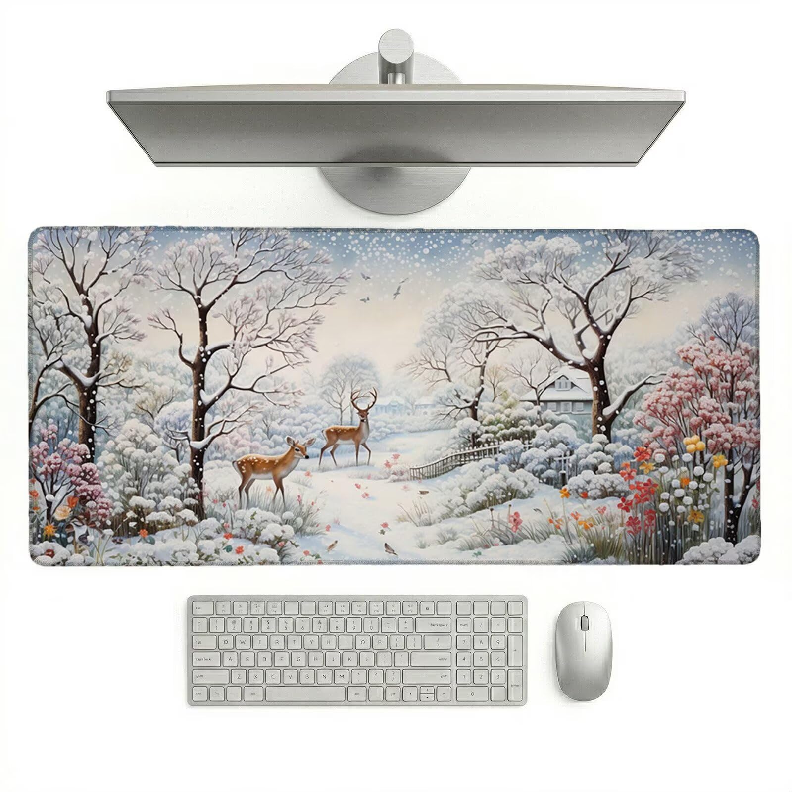 Tappetino Mouse XXL 1200 x 600 x 3 mm, Sottomano Scrivania, Inverno Grande Tappeto da Tavolo con Base in Gomma Antiscivolo e Bordi Cuciti, Impermeabile, per Ufficio, Computer e Gaming (Cervo) L-x1698