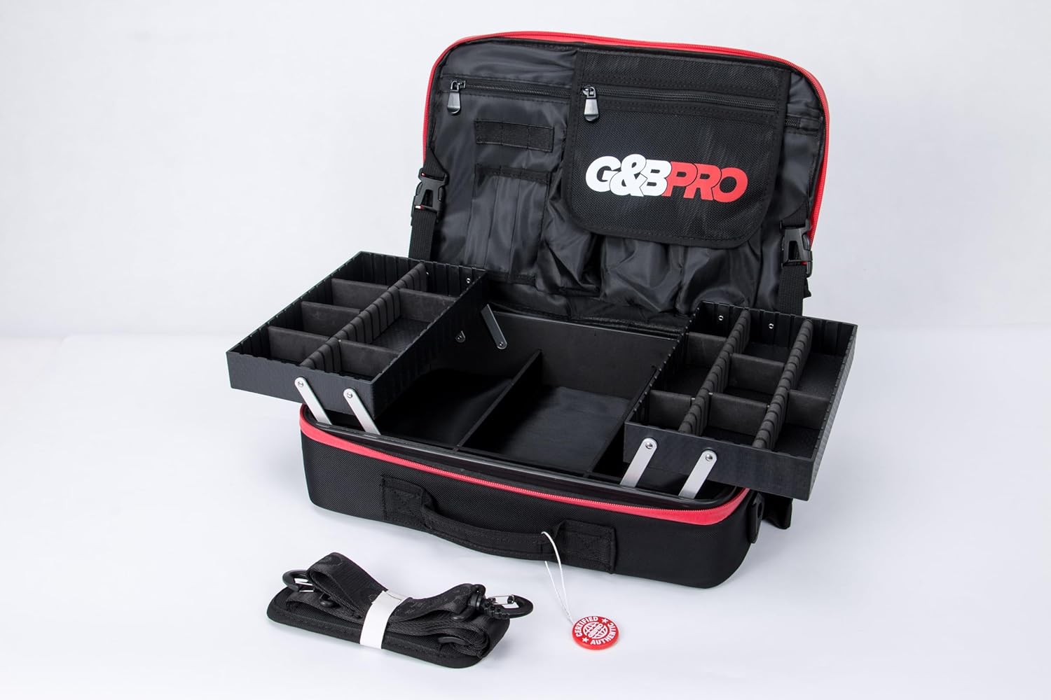 G&BPRO Crossbody Briefcase with Extending Tray System | All-in-one Mobile Workstation Travel Bag (Black With Red Zipper)