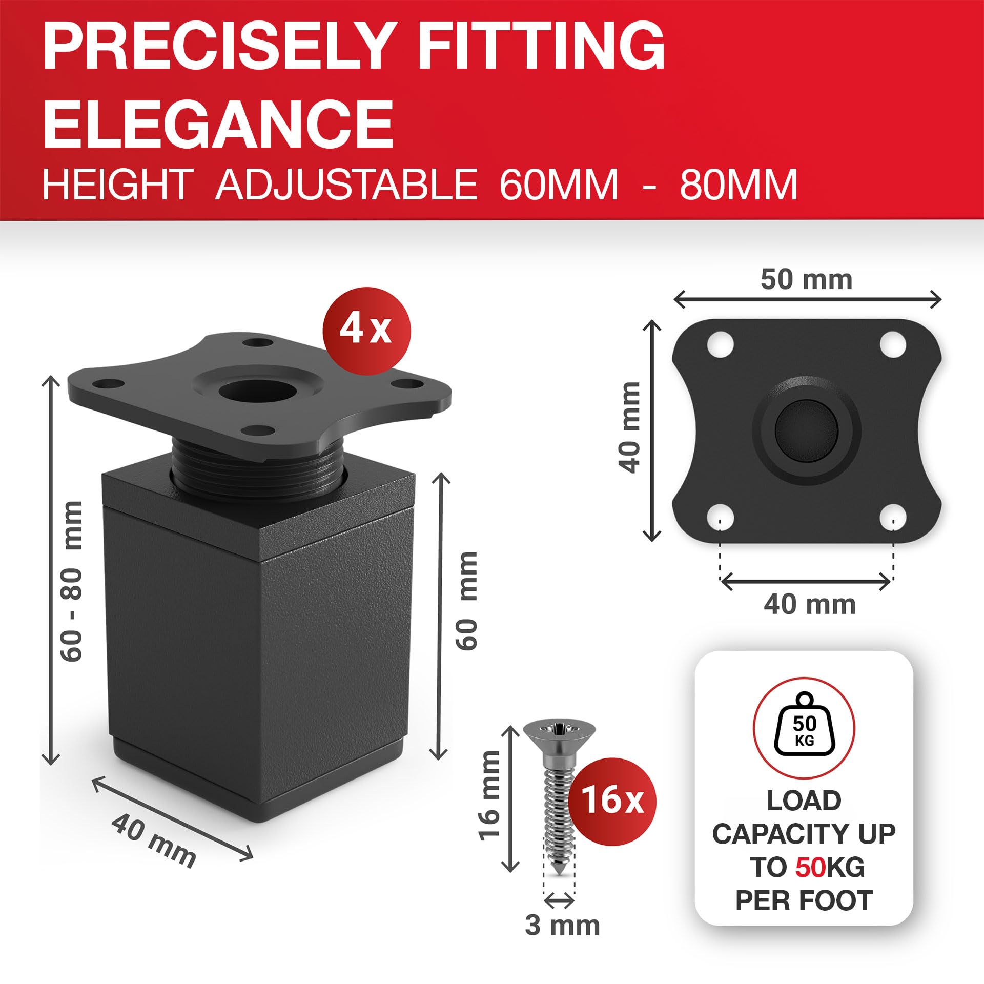 LouMaxx Adjustable Square Furniture Feet, Set of 4-40 x 40 x 60 mm in Black with Mounting Plate, Aluminium Feet - Image 4
