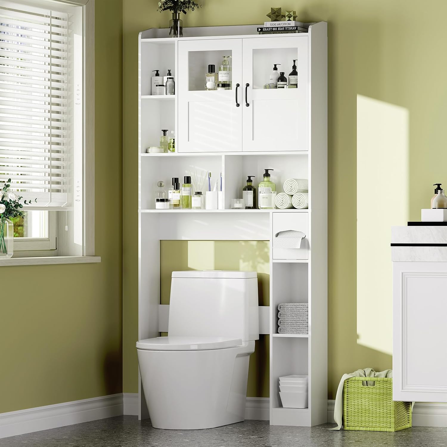 Over the Toilet Storage Cabinet - 67.4" Tall Bathroom Organizers and Storage,over the Toilet Shelf with Glass Door & Adjustable Shelf | for Bathroom, Toilet, Restroom, Laundry Room | Space Saver