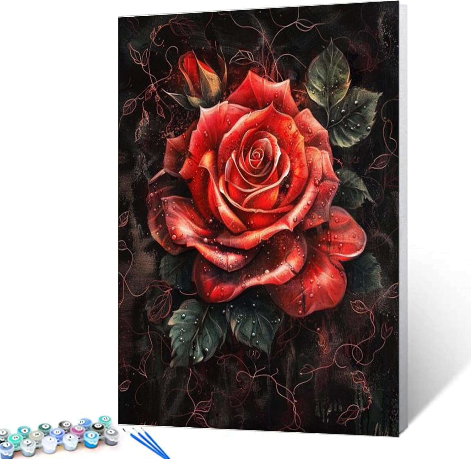 Tucocoo Dark Red Rose DIY Paint by Numbers for Adults Amazing Flowers Blooming in Black Background Airbrush Gothic Style DIY Oil Painting Acrylic Paint Art Painting Kit Canvas 16x20 Inch（DIY Frame ）