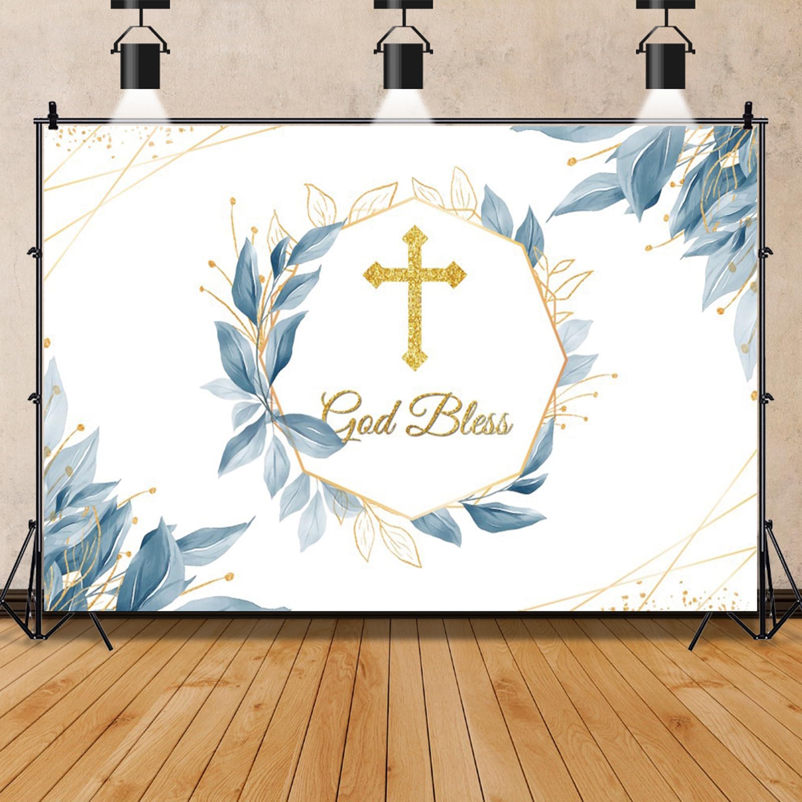 7x5ft God Bless Backdrop Blue Gold Eucalyptus Leaf Golden Glitter Cross First Holy Communion Baptism Christening Decorations Party Cake Table Decoration Banner Photo Booth Props